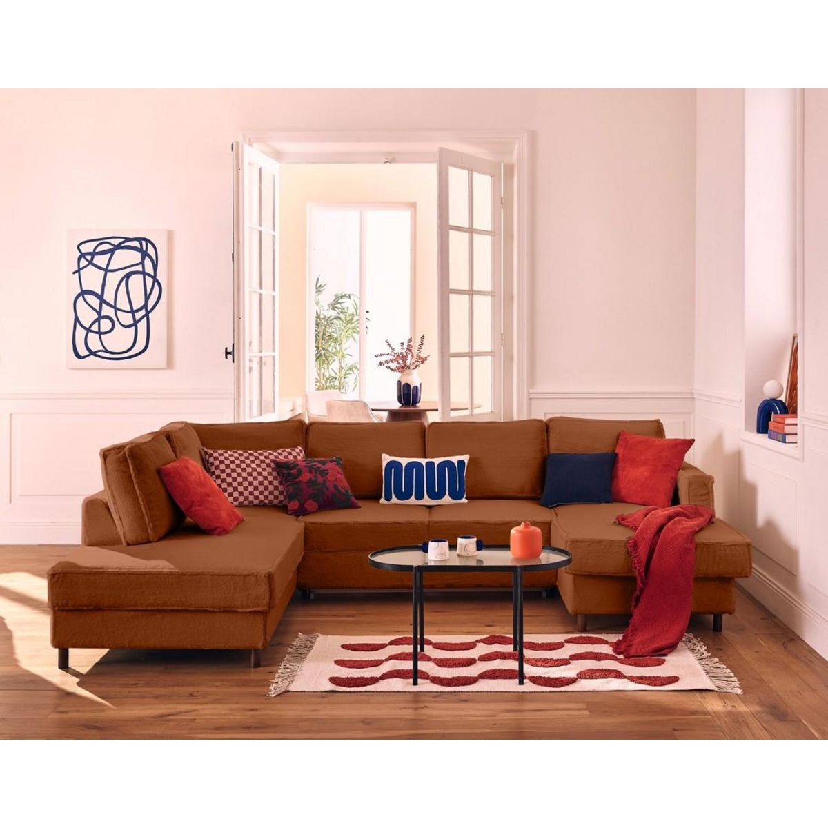 LISA DESIGN Jake - canapé panoramique d'angle gauche 7 places convertible avec coffre en fausse fourrure