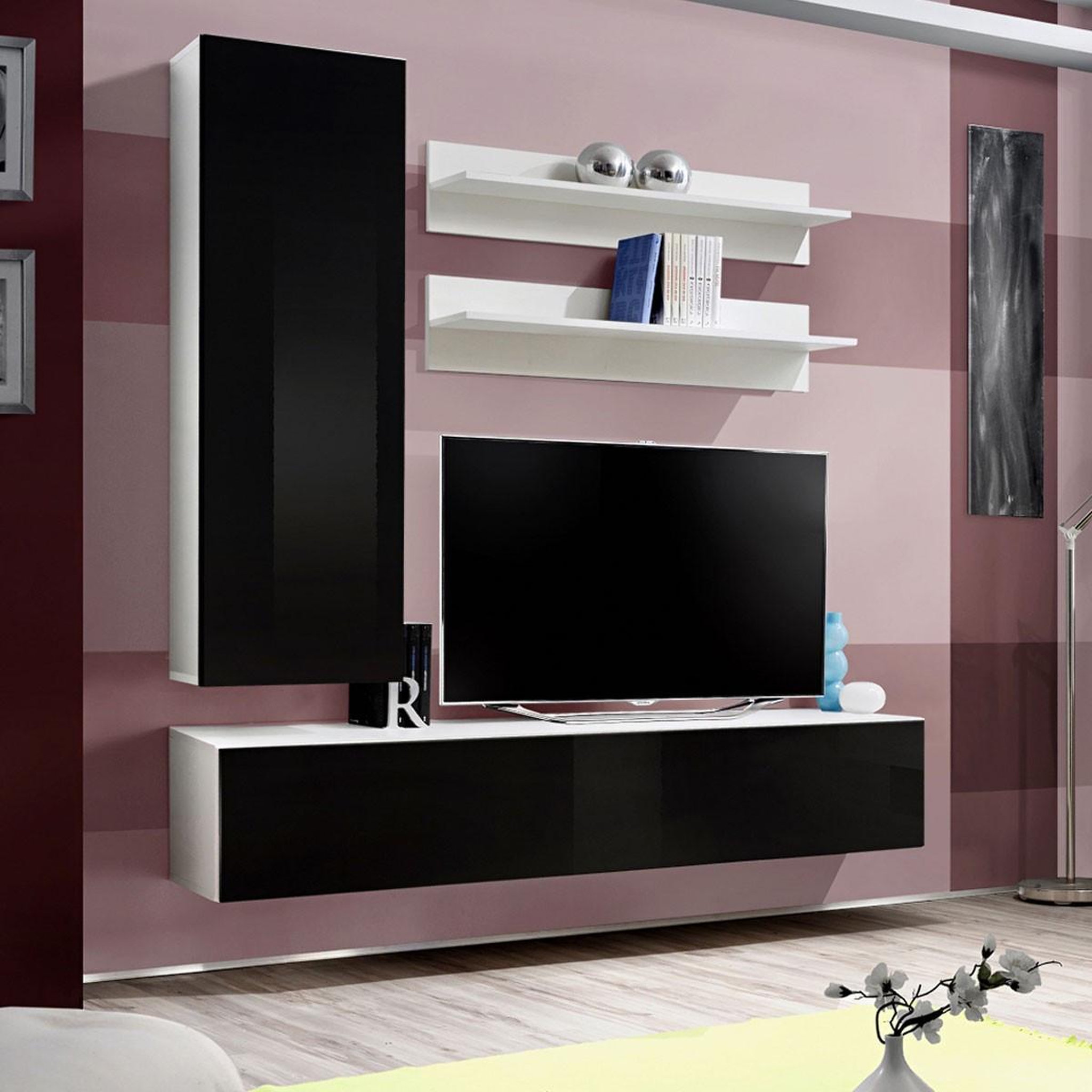 Voir la diapositive 1 : Paris Prix Ensemble Meuble TV Mural  Fly H1  170cm Noir & Blanc