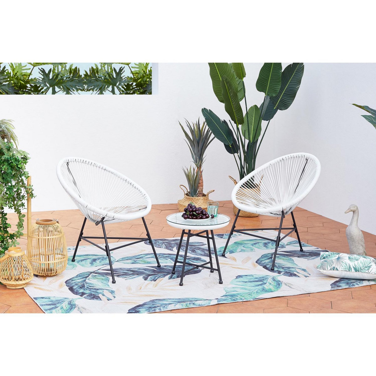 CONCEPT USINE Salon de jardin 2 fauteuils ronds et table basse blanc ACAPULCO