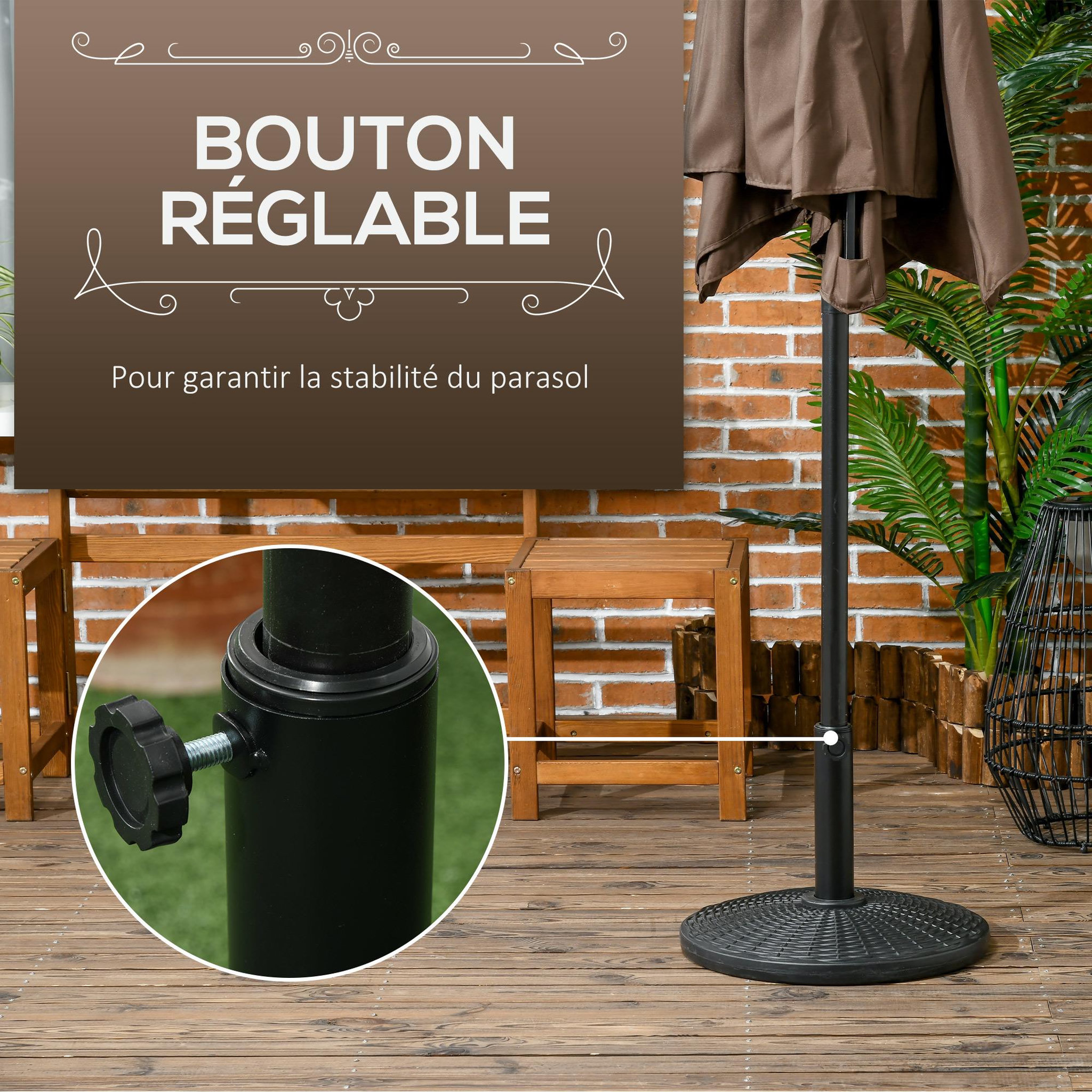 Voir la diapositive 4 : OUTSUNNY Pied de parasol rond base de lestage Ø 44 x 32 cm résine imitation rotin poids net 11 Kg noir