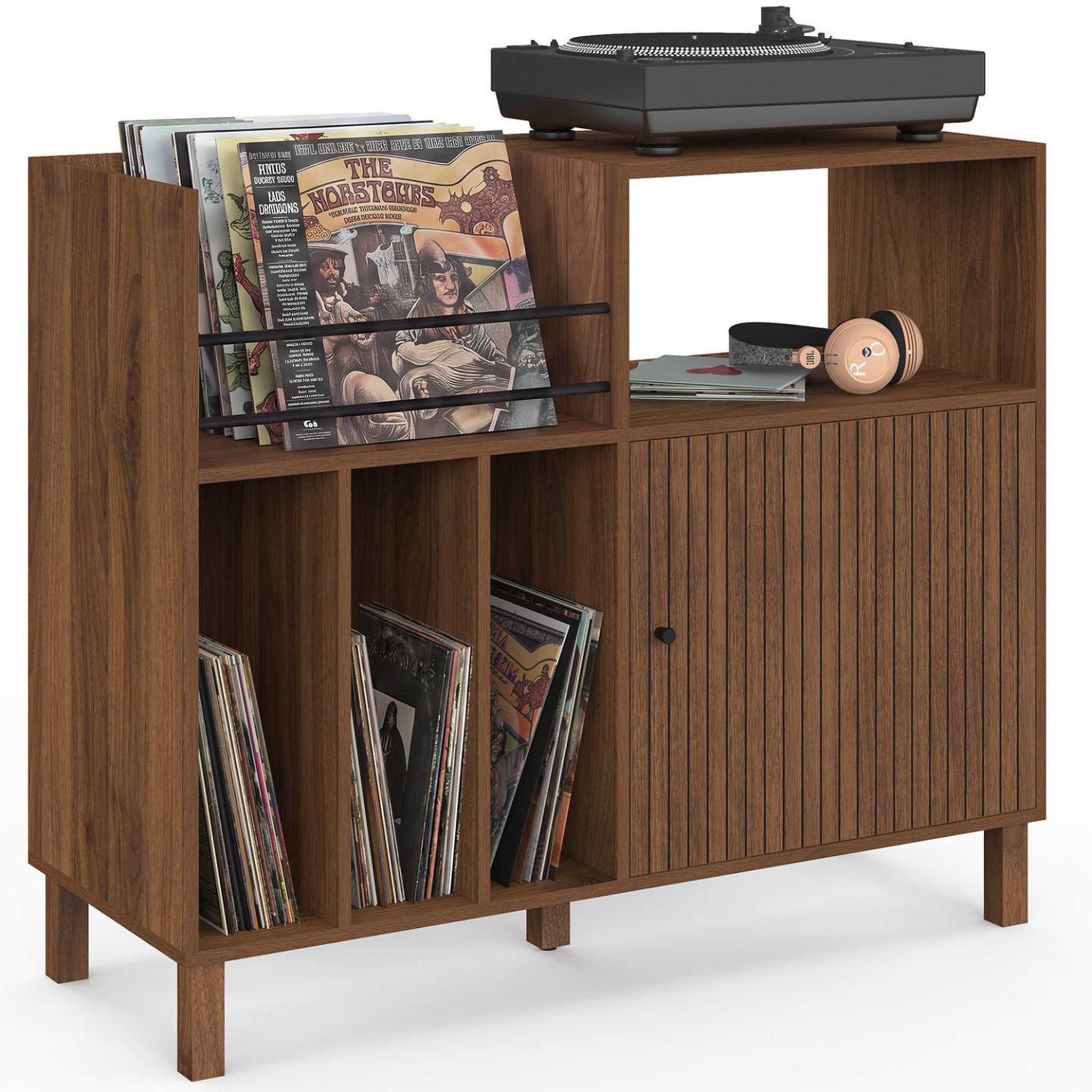 ID MARKET Meuble d'appoint, buffet de rangement avec étagères, supports vinyles, platine et placard 90 cm JULIETTE lattes bois effet noyer