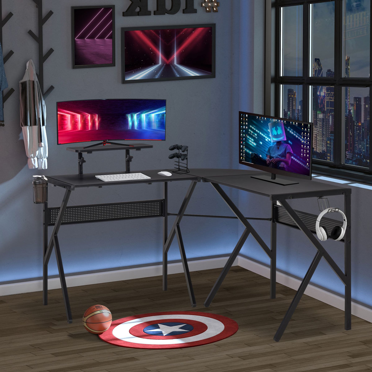 HOMCOM HOMCOM Bureau gaming d'angle bureau gamer bureau informatique bracket casque porte-gobelet étagère écran réglable métal panneaux texture carbone noir