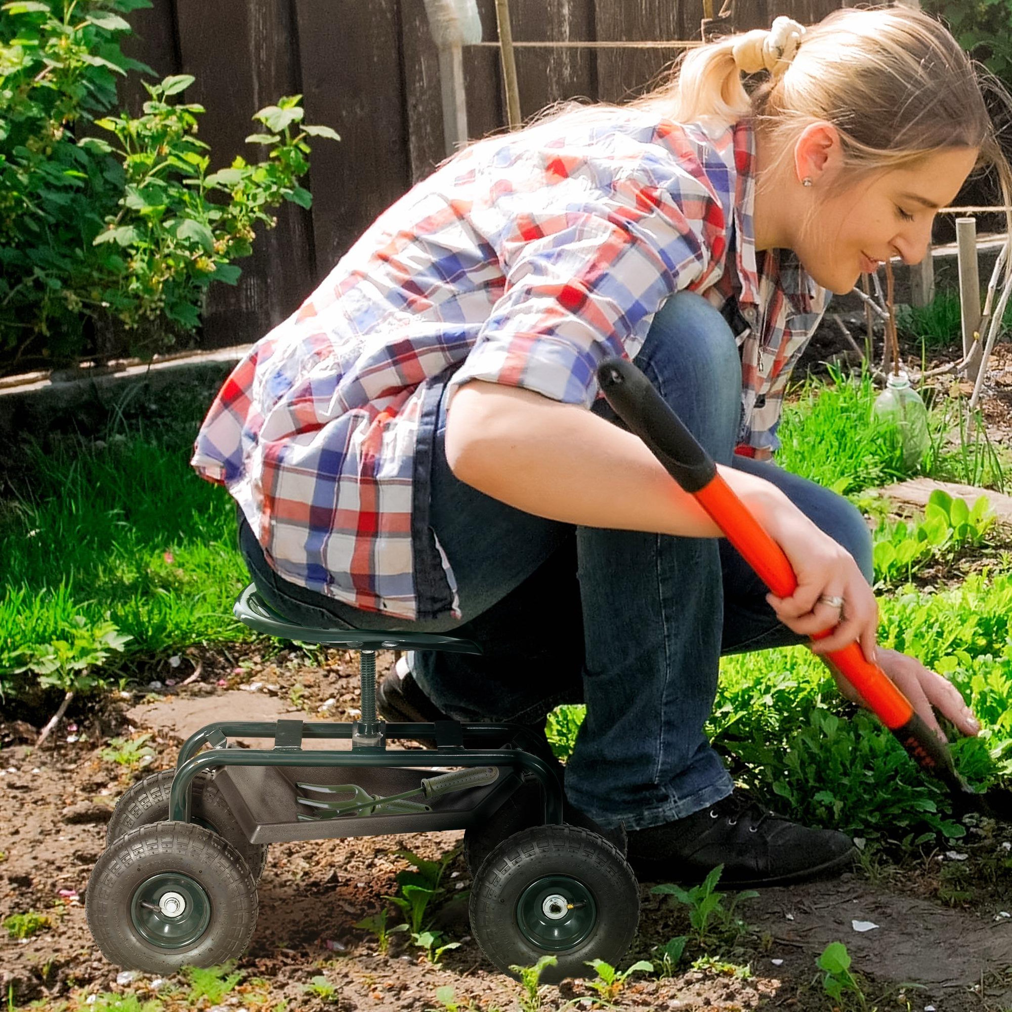 Voir la diapositive 2 : OUTSUNNY 2 en 1 tabouret pivotant réglable chariot mobile de jardin charge max. 150 Kg rangement acier vert