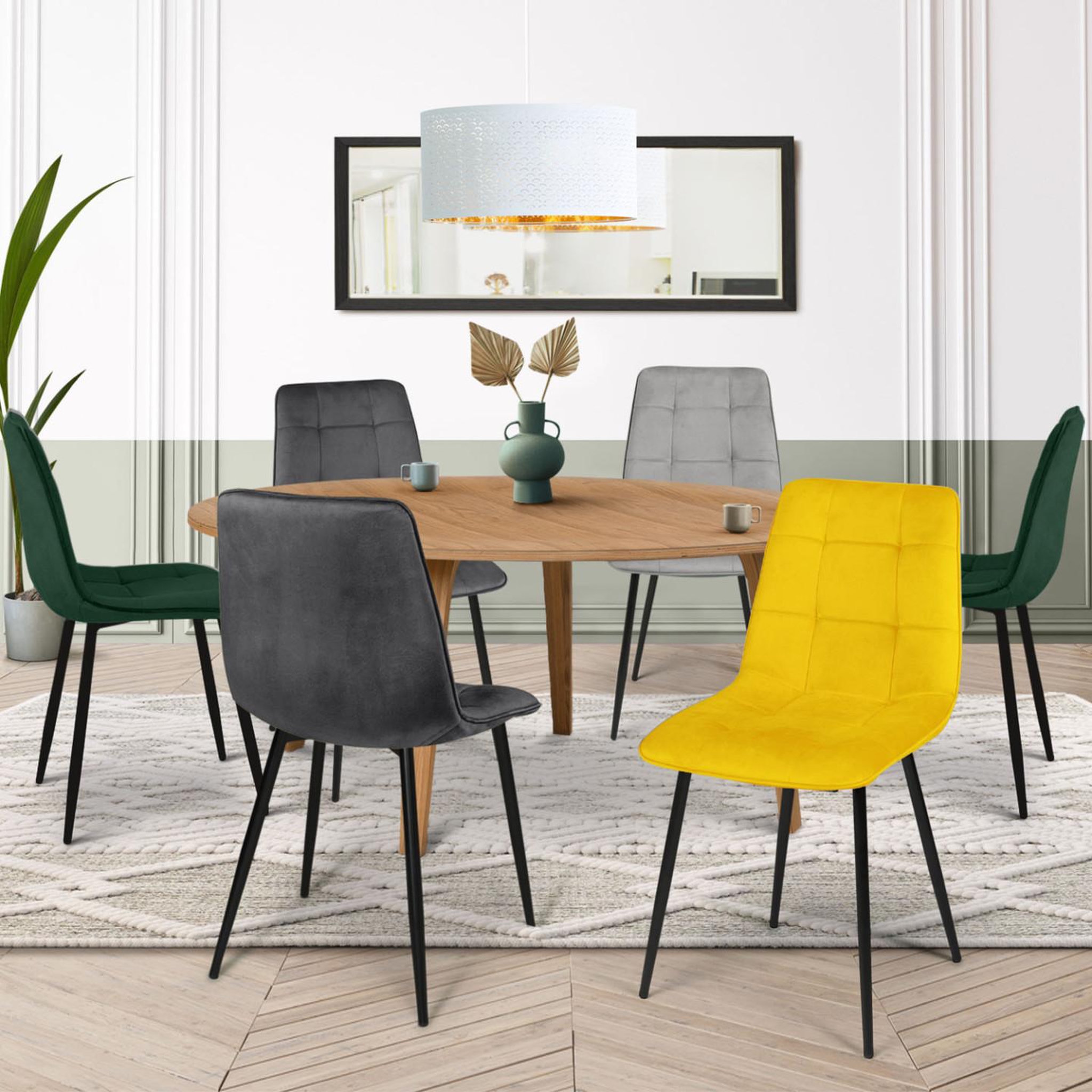 Voir la diapositive 2 : ID MARKET Lot de 6 chaises mila en velours mix color vert x2, gris foncé x2, gris clair, jaune