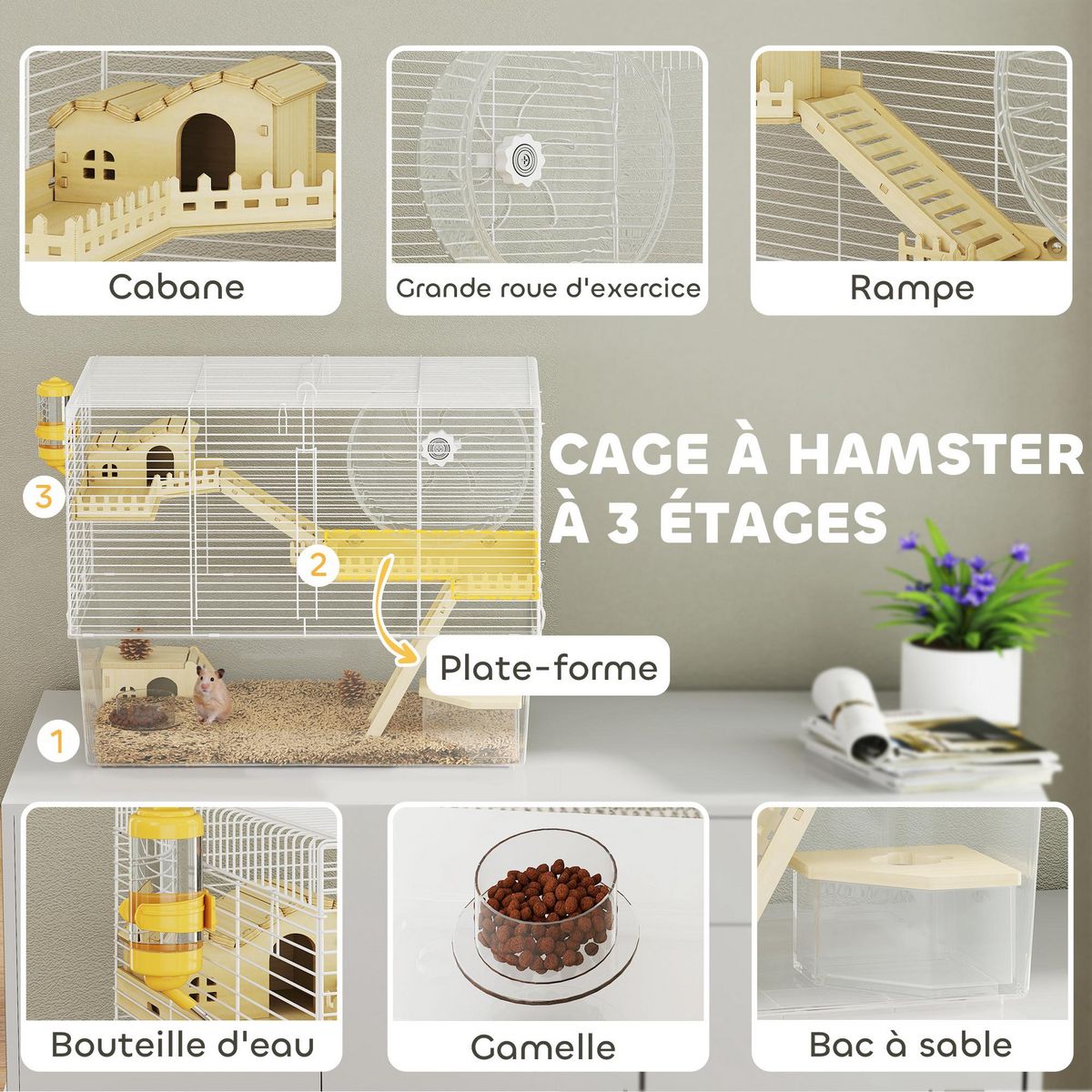 PAWHUT Cage à hamster à 3 niveaux avec roue d'exercice, plateau, 59 x 35,5 x 47 cm, blanc