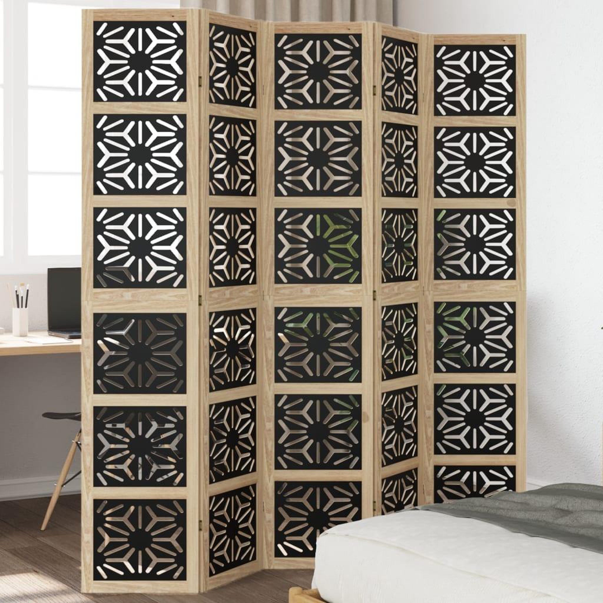 VIDAXL Cloison de separation 5 panneaux marron noir paulownia massif