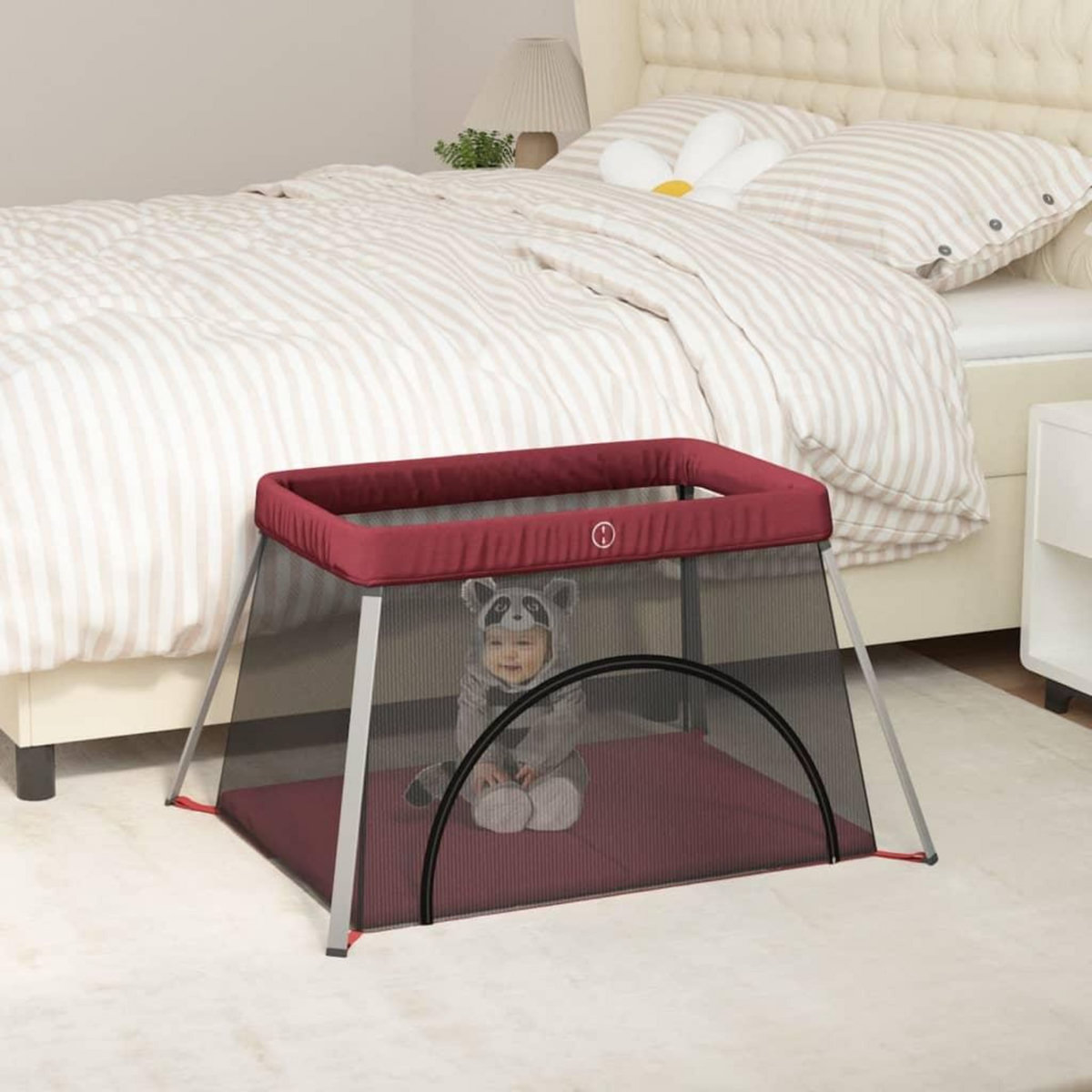 VIDAXL Parc pour bebe avec matelas Rouge Tissu de lin