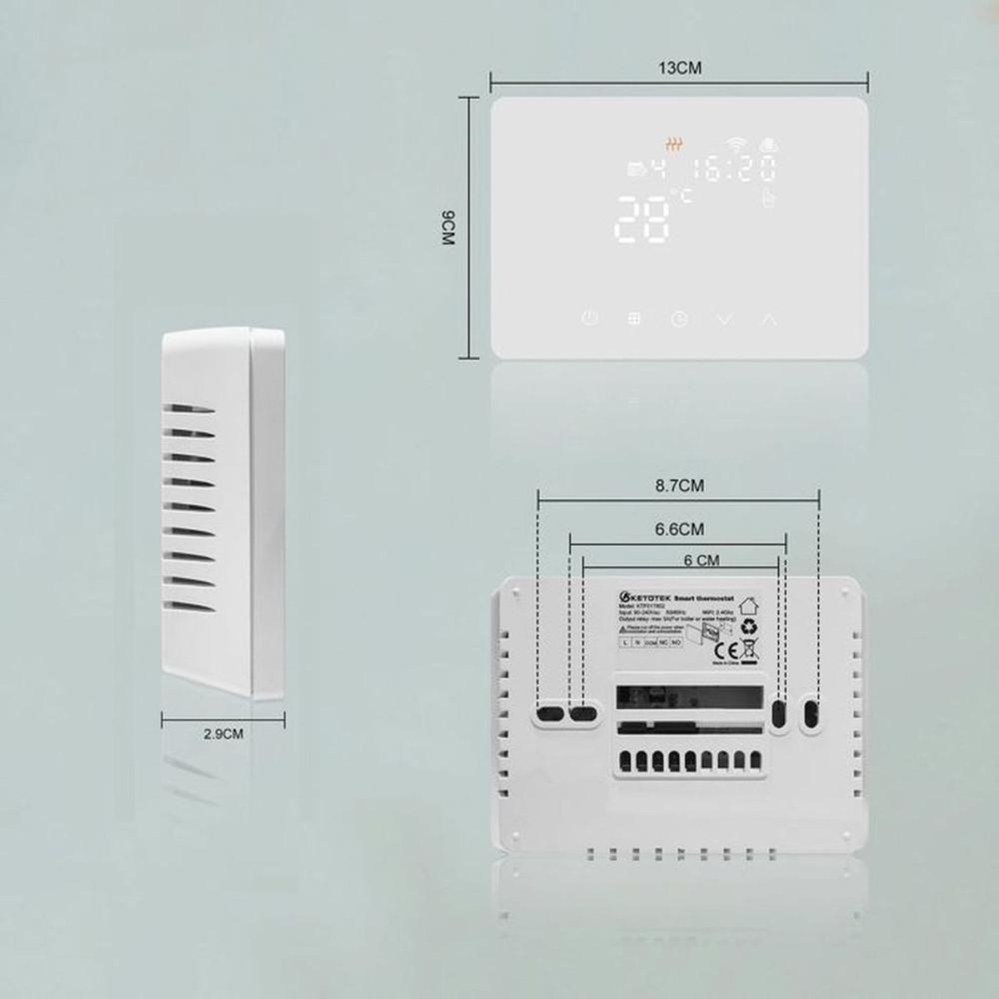 Voir la diapositive 5 : Thermostat WiFi chaudière avec contact sec NO/COM 5A, 2,4 GHz, pilotage Smart Life/Tuya et commande vocale Alexa/Google, programmation hebdomadaire