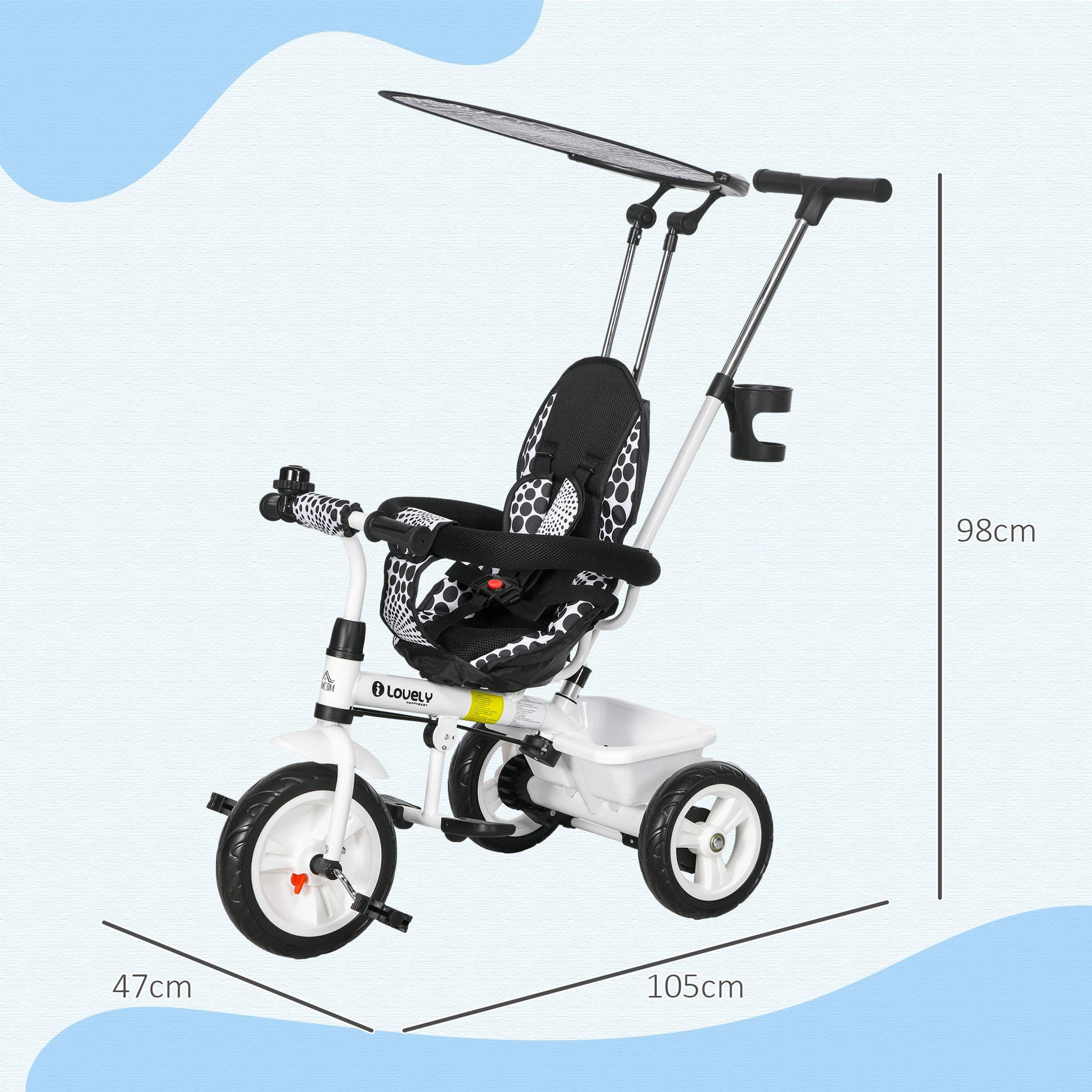 Voir la diapositive 3 : HOMCOM Tricycle enfant pare-soleil pliable canne amovible benne rangement acier blanc noir