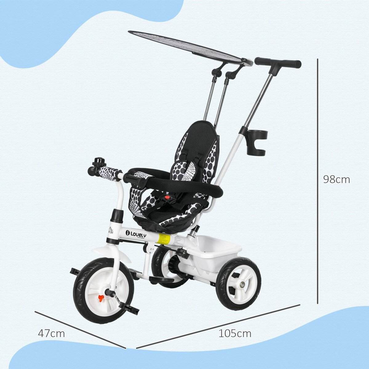 HOMCOM Tricycle enfant pare-soleil pliable canne amovible benne rangement acier blanc noir