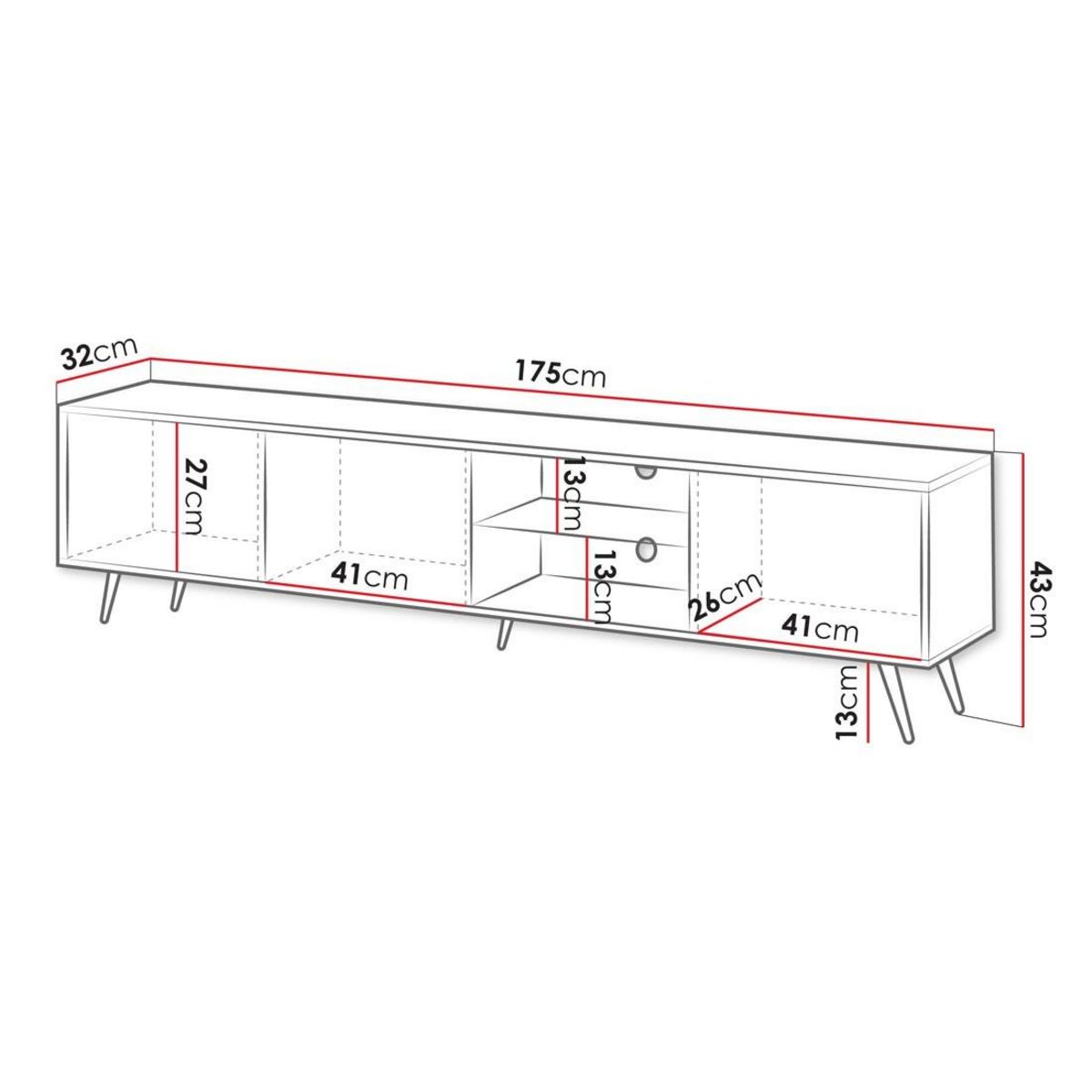 BEST MOBILIER Wairoa - meuble tv 3 portes et 2 niches - noir - 175 cm