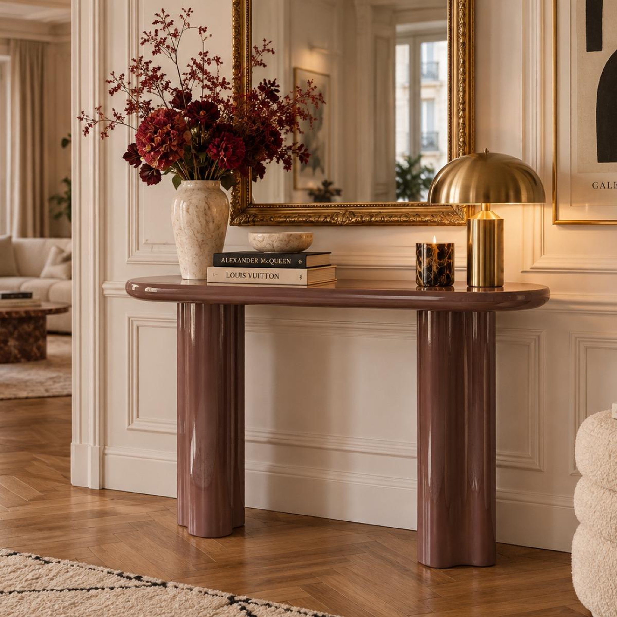 Voir la diapositive 2 : JLC KREATION Console design laquée marron brique 120cm emeralda