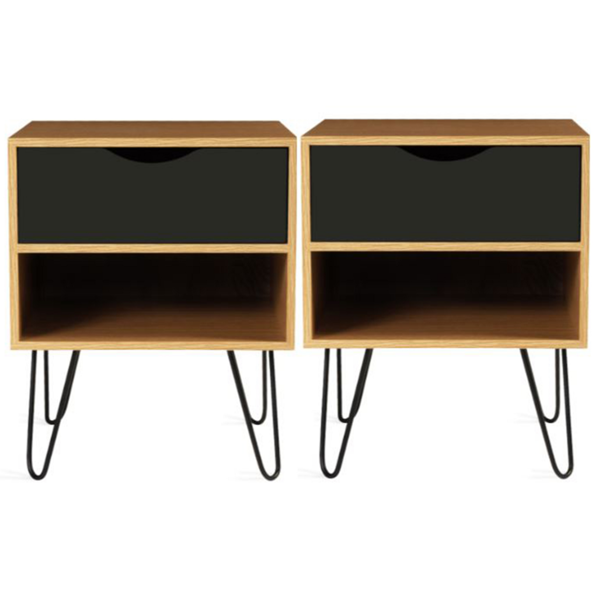 ID MARKET Lot de 2 tables de chevet NOEMI 1 tiroir avec niche bois pied épingle
