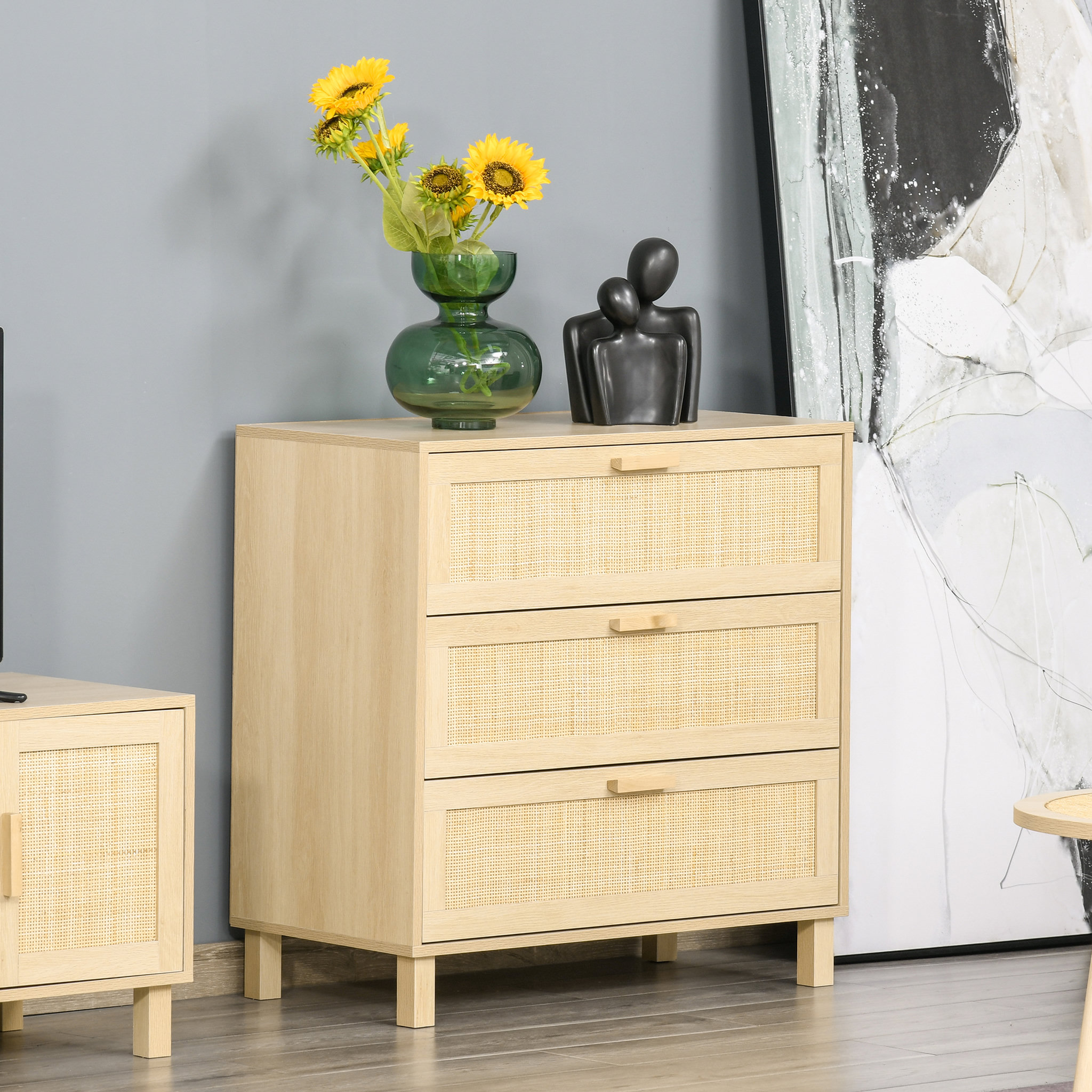 Voir la diapositive 2 : HOMCOM Commode 3 tiroirs cannage en rotin dim. 80L x 40l x 80H cm MDF aspect bois clair