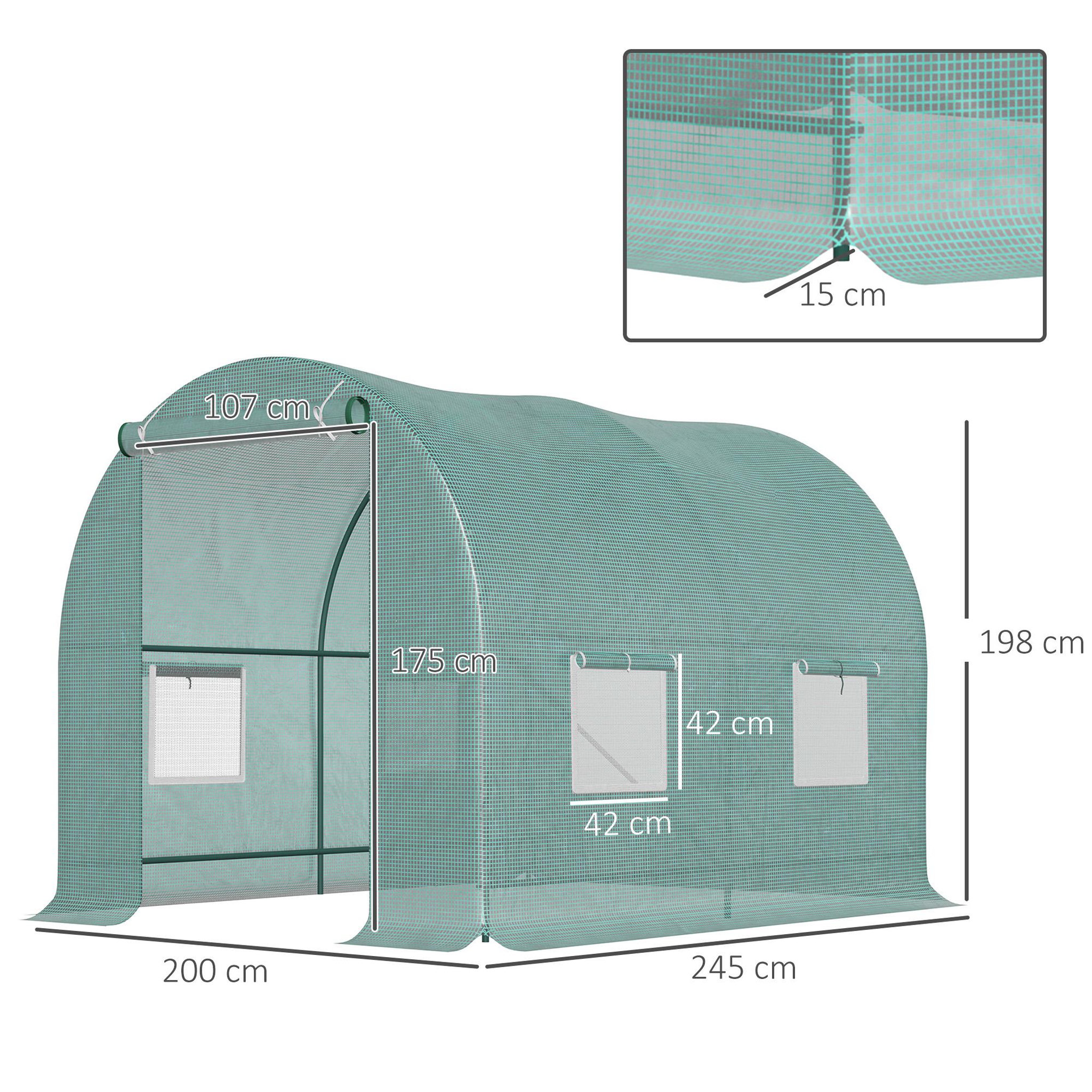 Voir la diapositive 3 : OUTSUNNY Serre de jardin tunnel 5 m² 2,45l x 2l x 1,98h m acier renforcé ø 1,8 cm + pe haute densité 140 g/m² fenêtres porte déroulante vert