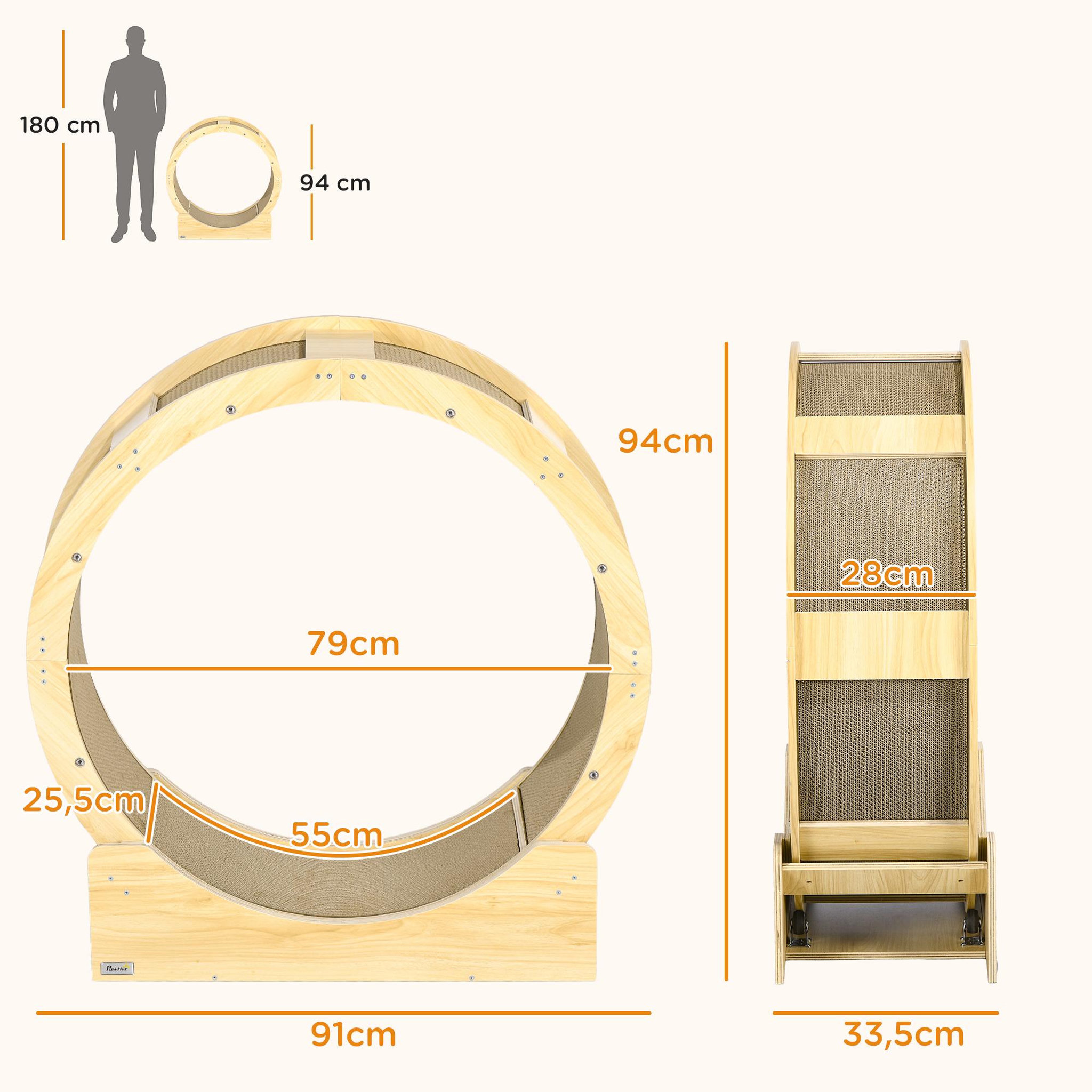 Voir la diapositive 3 : PAWHUT Roue d'exercice pour chat - frein, grattoirs - dim. 91l x 33,5p x 94h cm - aspect bois naturel