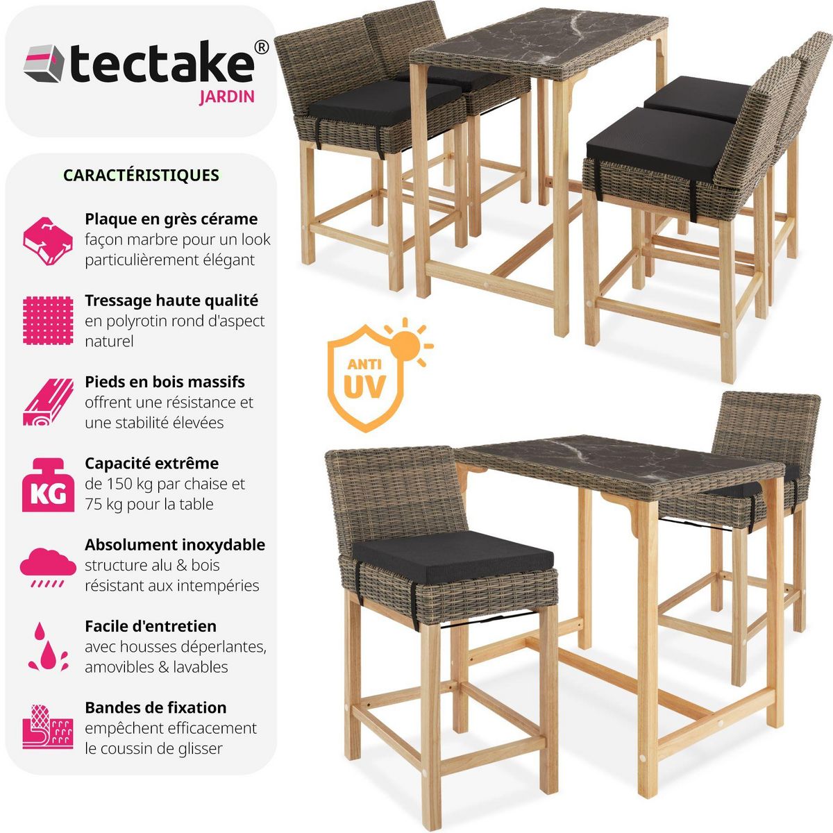 tectake Ensemble table en rotin avec 4 chaises avec cadre en aluminium marron naturel