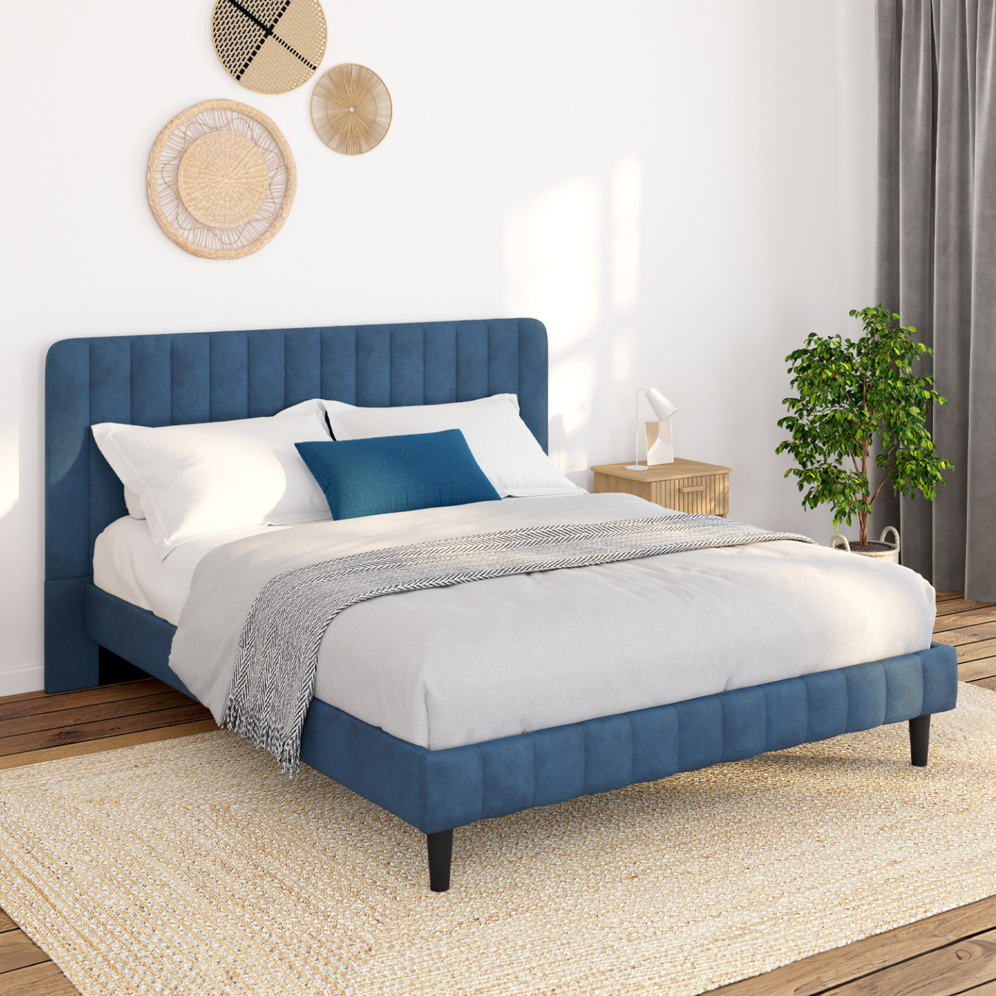 Voir la diapositive 2 : ID MARKET Lit double annie avec tête de lit et sommier 140 x 190 cm velours bleu