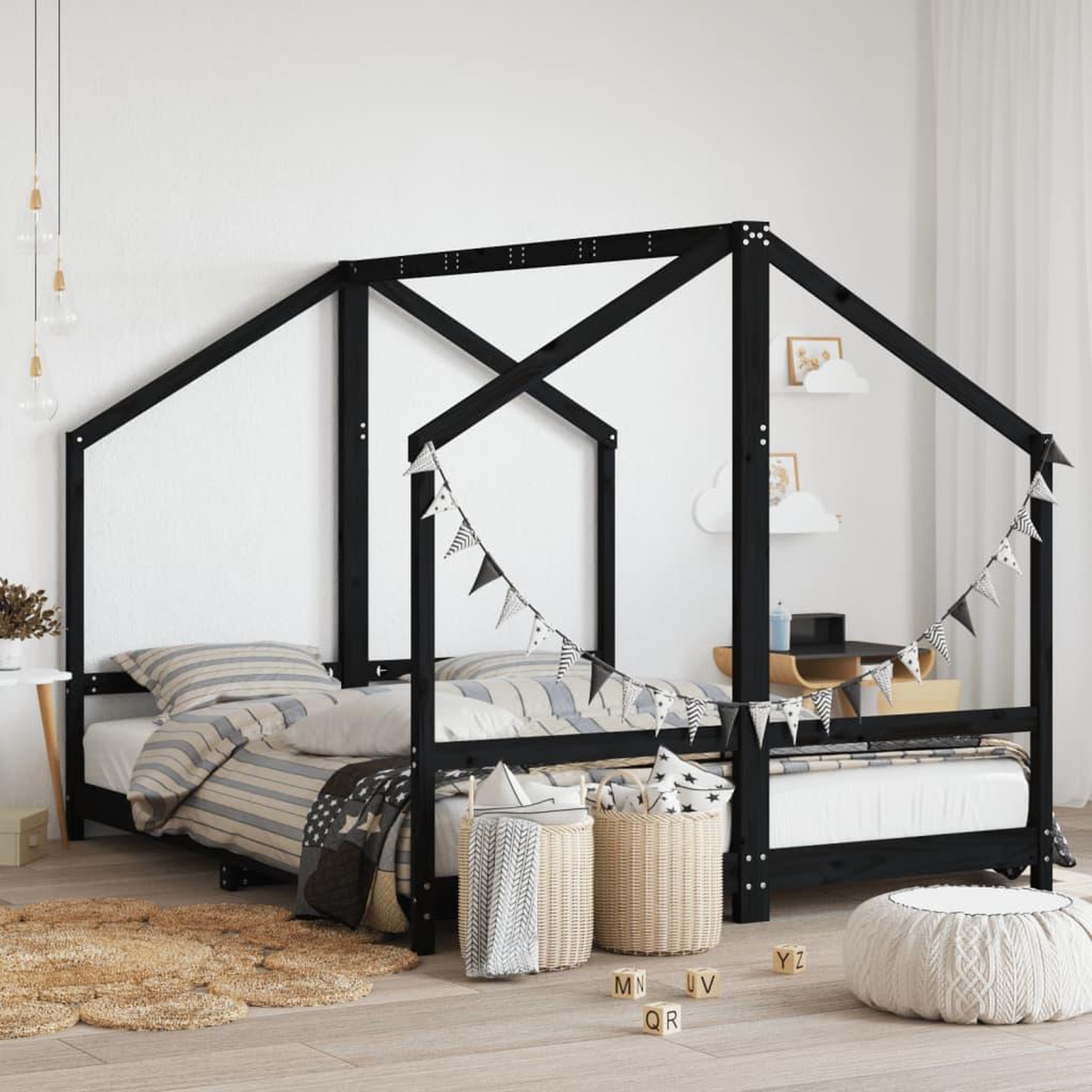 VIDAXL Cadre de lit pour enfants noir 2x(80x200) cm bois de pin massif