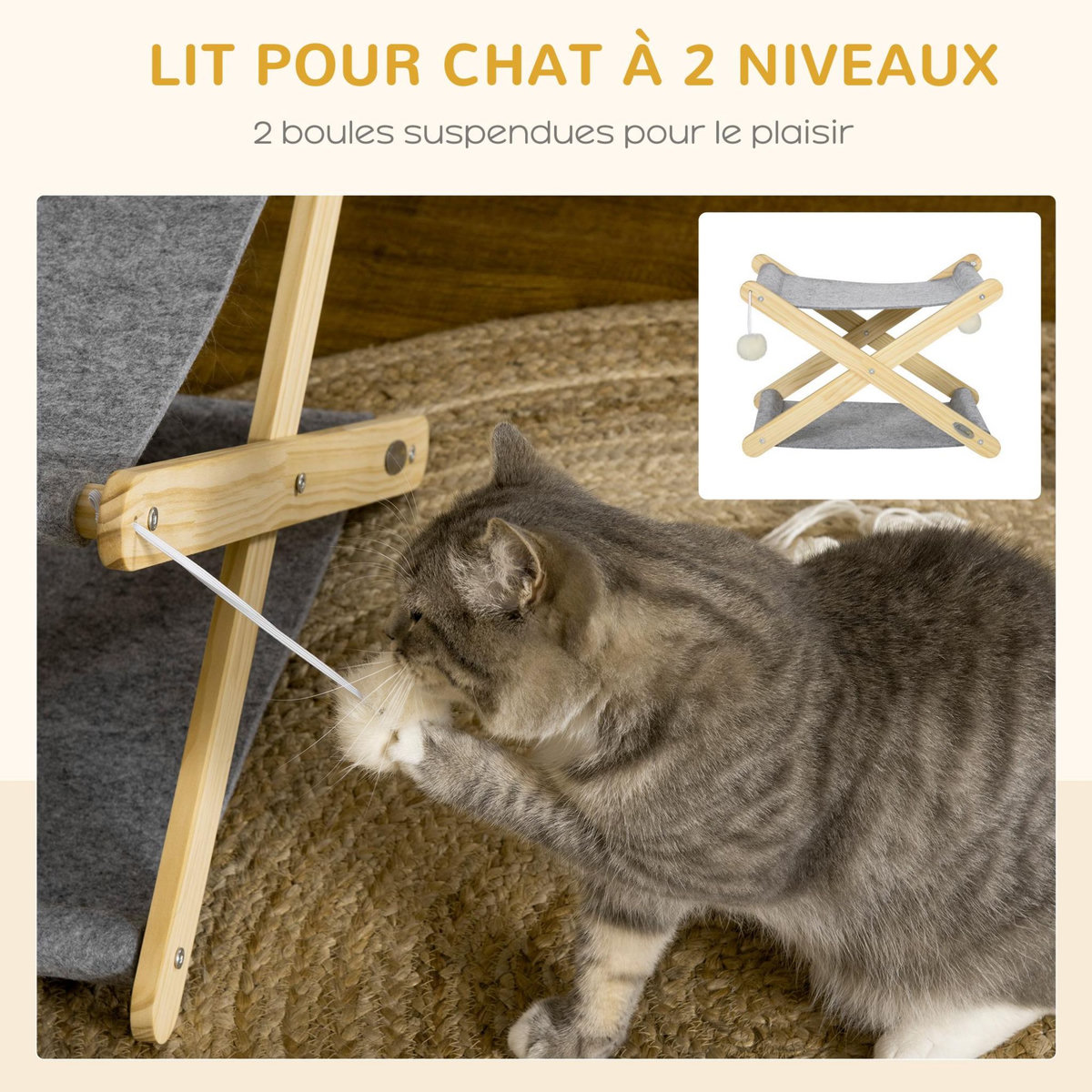 PAWHUT Lit pliable pour chat - hamac chat 2 niveaux - jeu 2 boules suspendues - bois de pin feutre gris