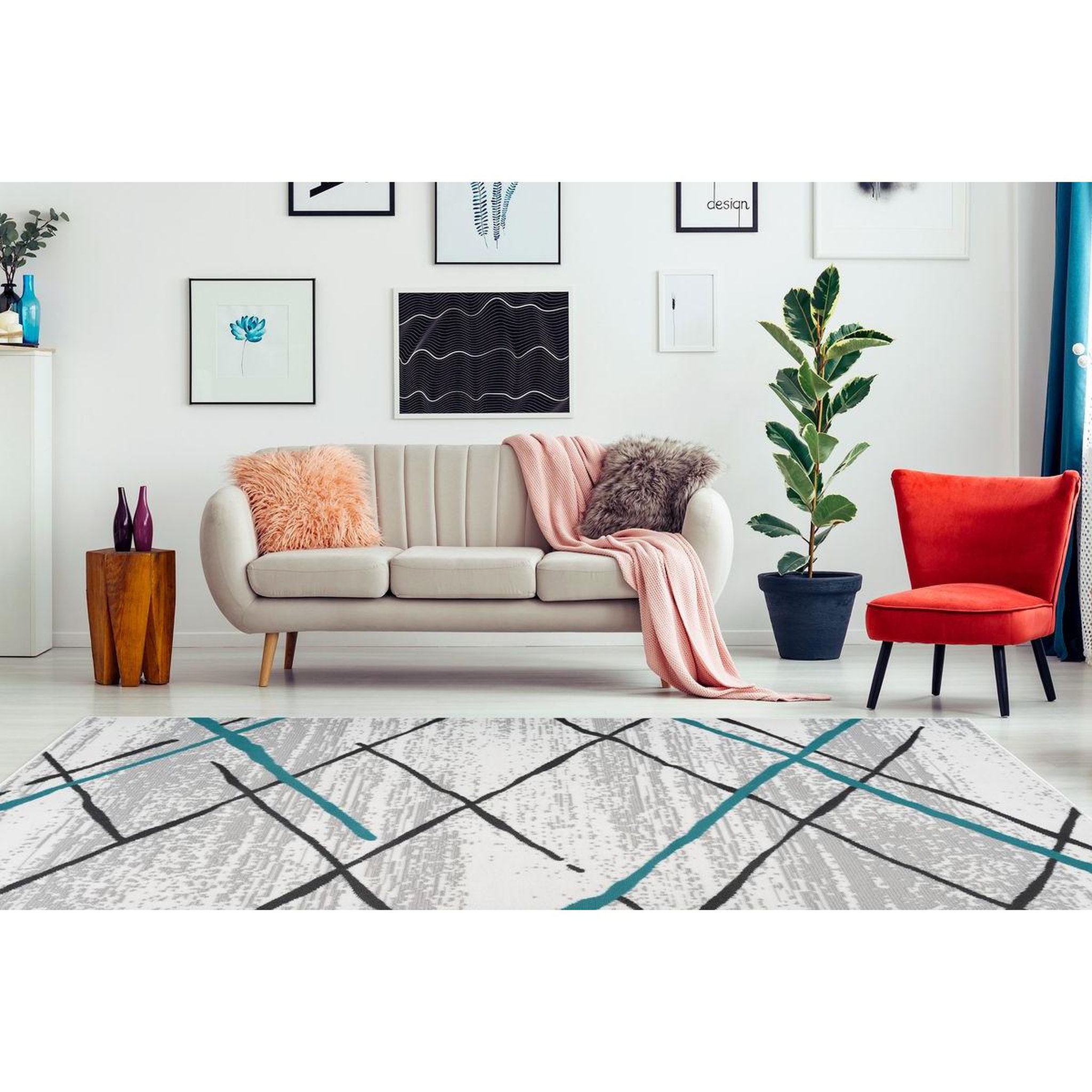 Voir la diapositive 2 : Paris Prix Tapis Rayures à Poils Courts  Vancouver I  Turquoise