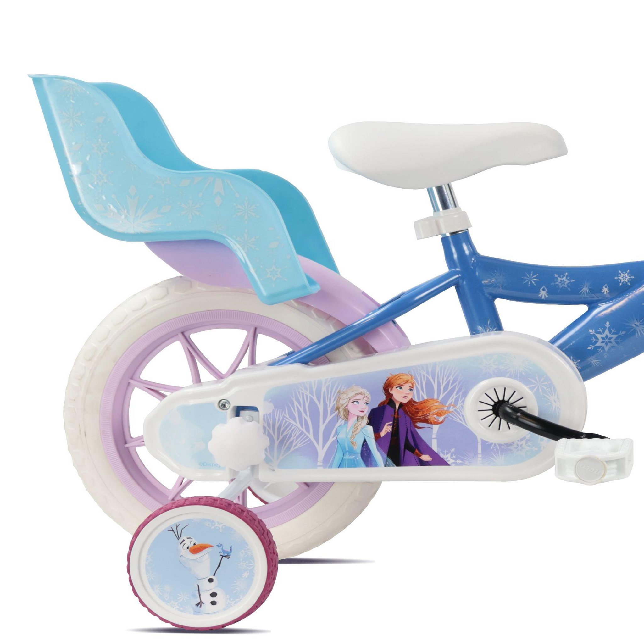 Voir la diapositive 5 : Disney La Reine des Neiges Vélo enfant 12'' - Modèle Reine des neiges + Casque - Idéal pour enfant de 85 à 100 cm - Livré avec stabilisateurs - 1 Frein - Panier avant - Porte poupée arrière et roues à bâtons