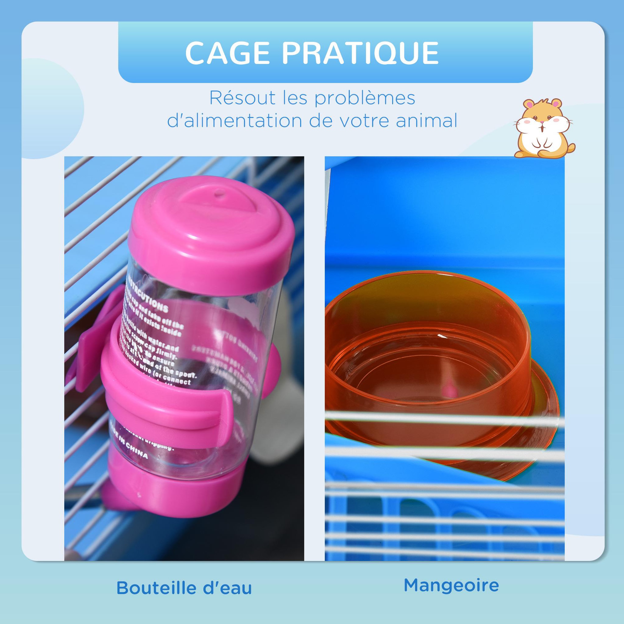 Voir la diapositive 5 : PAWHUT Cage à hamster rongeur 2 niveaux avec tunnel, biberon eau, roue, maisonnette, échelles - dim. 46L x 30l x 37H cm - métal blanc PP bleu