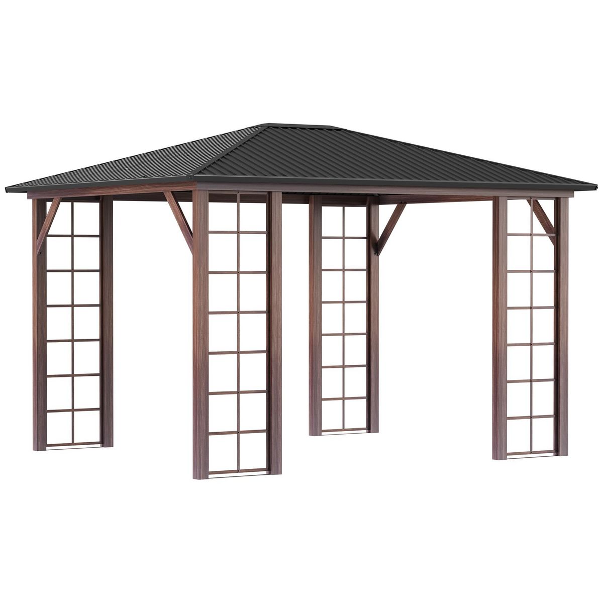 OUTSUNNY Pergola pavillon de jardin avec toit rigide imperméable - dim. 364L x 299l x 280H cm - métal aspect bois gris foncé