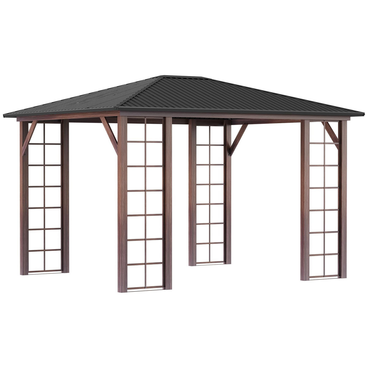 OUTSUNNY Pergola pavillon de jardin avec toit rigide imperméable - dim. 364L x 299l x 280H cm - métal aspect bois gris foncé