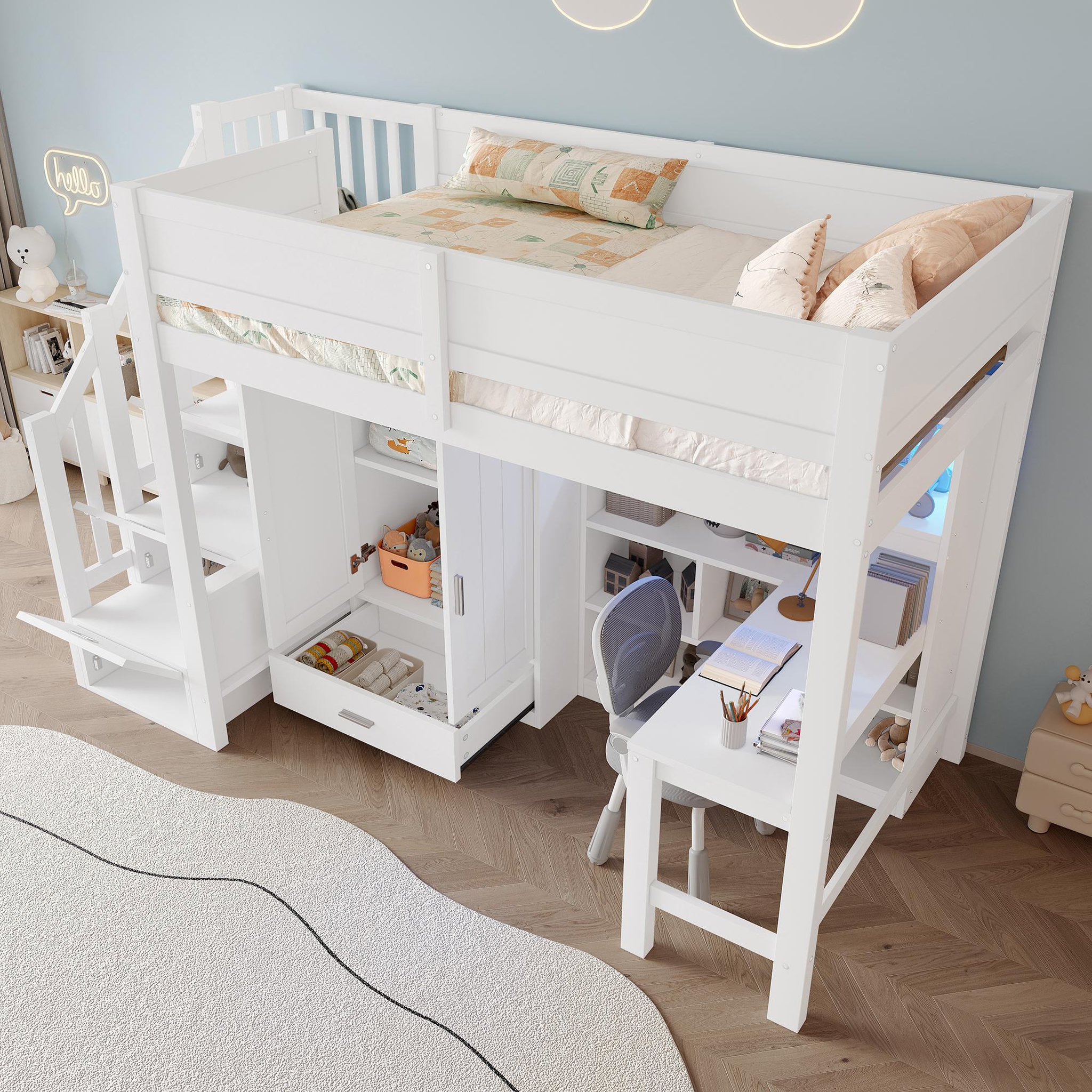 Voir la diapositive 5 : MERAX Lit combiné enfant 90x200 cm coloris blanc led pin