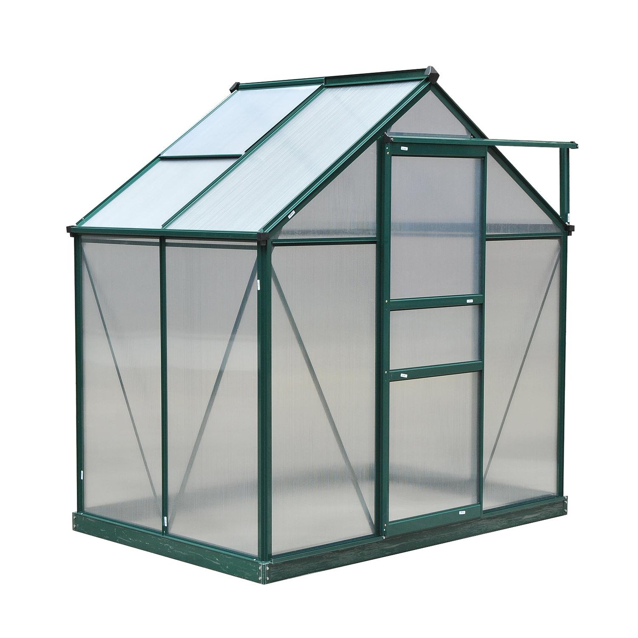 Voir la diapositive 5 : OUTSUNNY Serre de jardin aluminium polycarbonate 2,51 m² dim. 1,9l x 1,32l x 2,01h m lucarne, porte coulissante + fondation incluse alu. Vert polycarbonate transparent