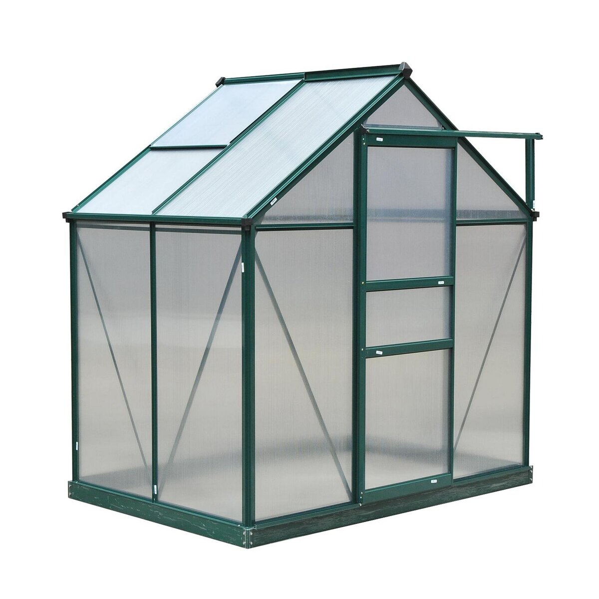 OUTSUNNY Serre de jardin aluminium polycarbonate 2,51 m² dim. 1,9L x 1,32l x 2,01H m lucarne, porte coulissante + fondation incluse alu. vert polycarbonate transparent