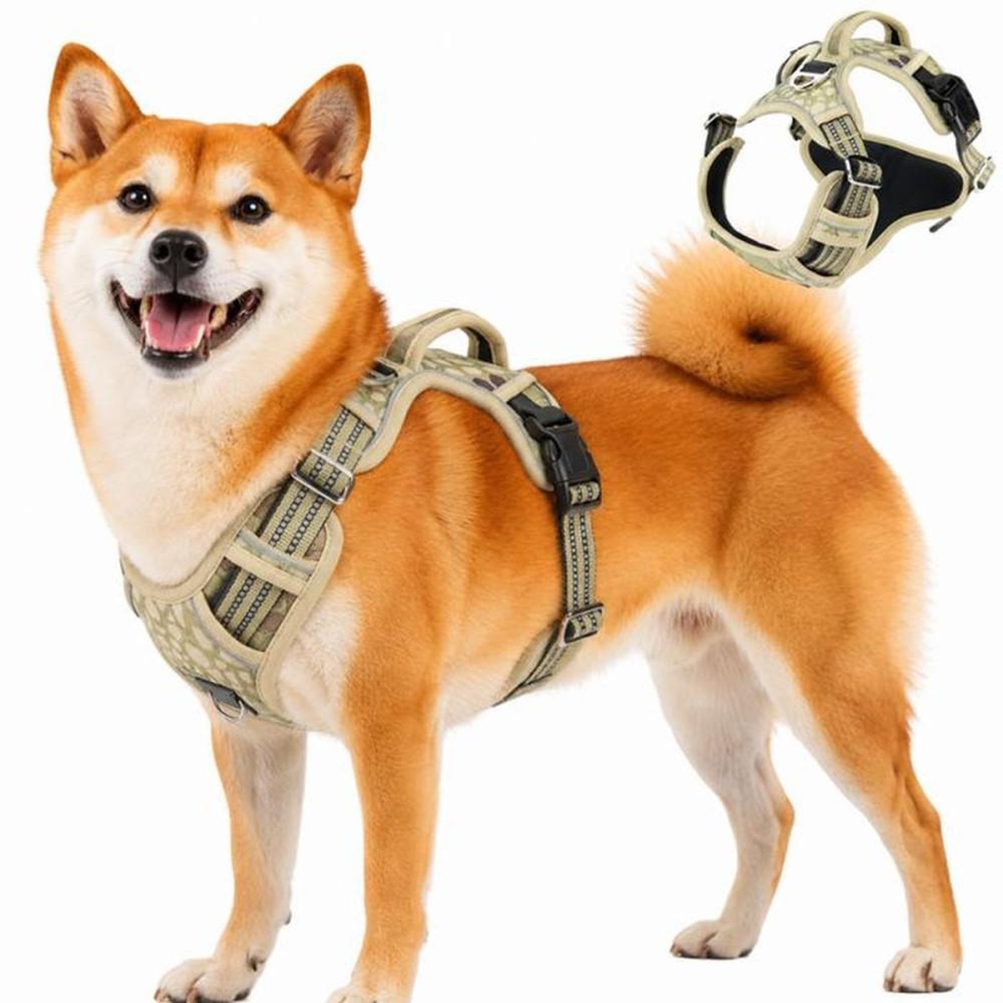 Harnais anti-traction pour chien taille M jaune avec poignée de contrôle, anneaux avant/arrière et bandes réfléchissantes