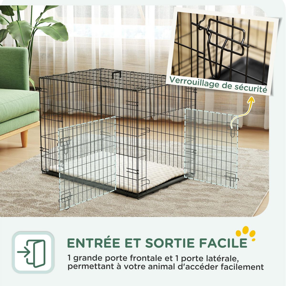 PAWHUT Cage chien pliable - 2 portes verrouillables, plateau amovible, coussin - 76 x 53 x 60 cm - beige noir