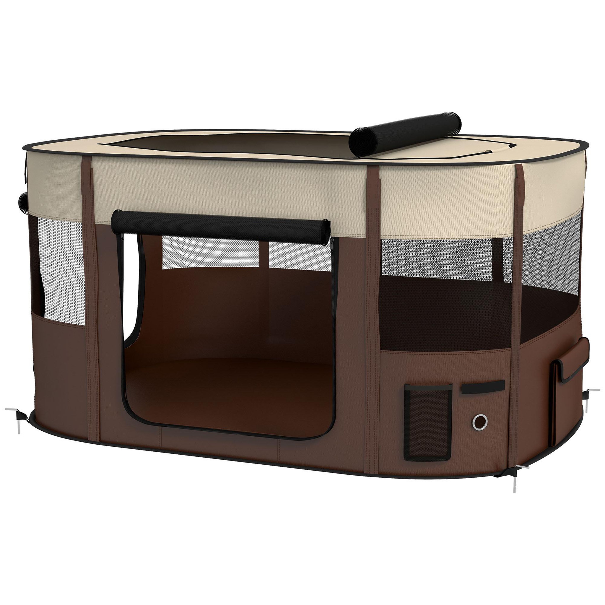 PAWHUT Parc pliable pour chien en tissu oxford - fenêtres, portes en maille - sac de rangement - marron