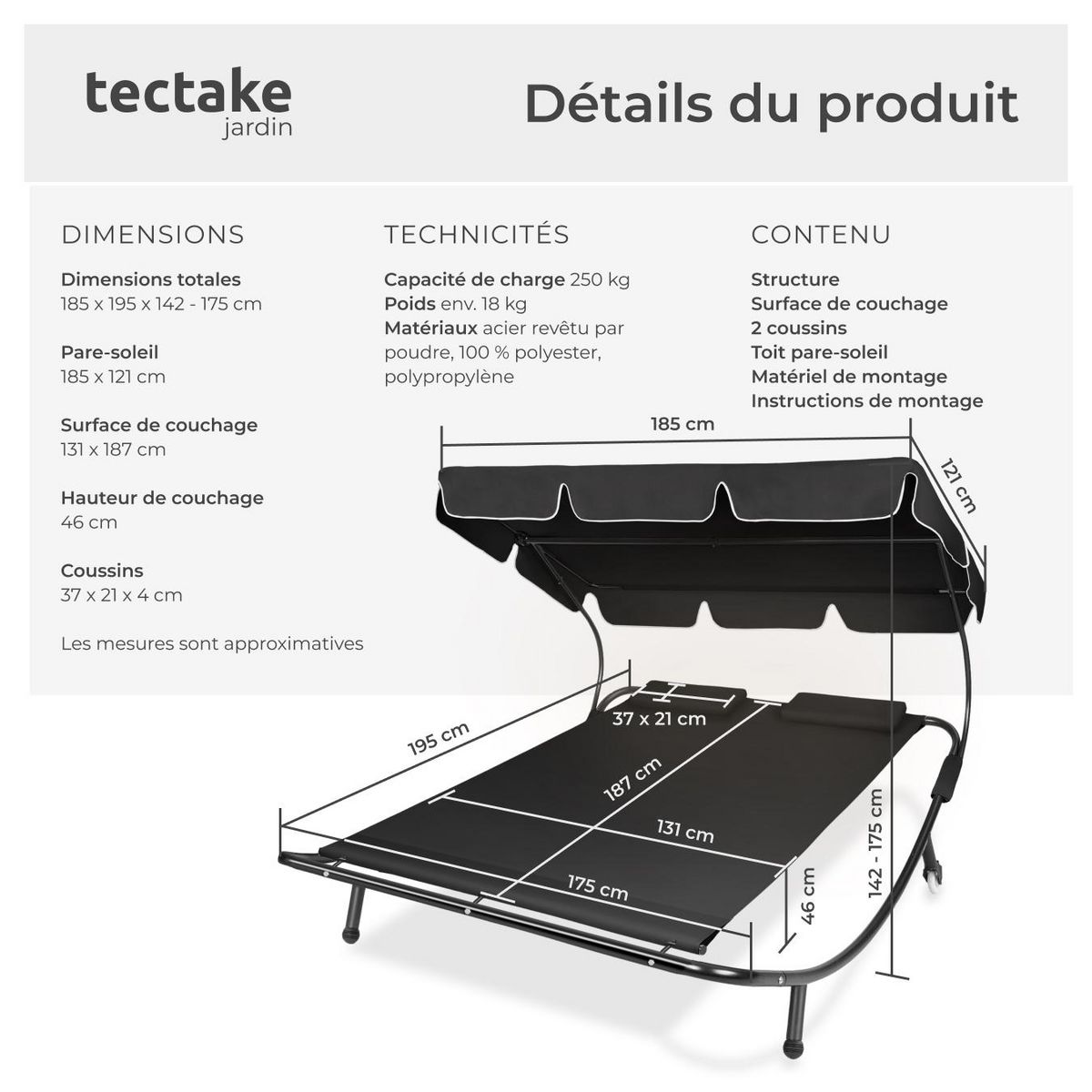 tectake Transat en acier pour 2 personnes noir/noir