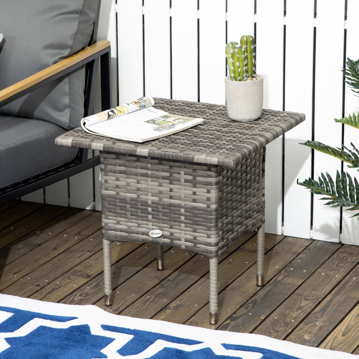OUTSUNNY Table basse de jardin style cosy chic dim. 50L x 50l x 47H cm métal époxy résine tressée aspect rotin gris
