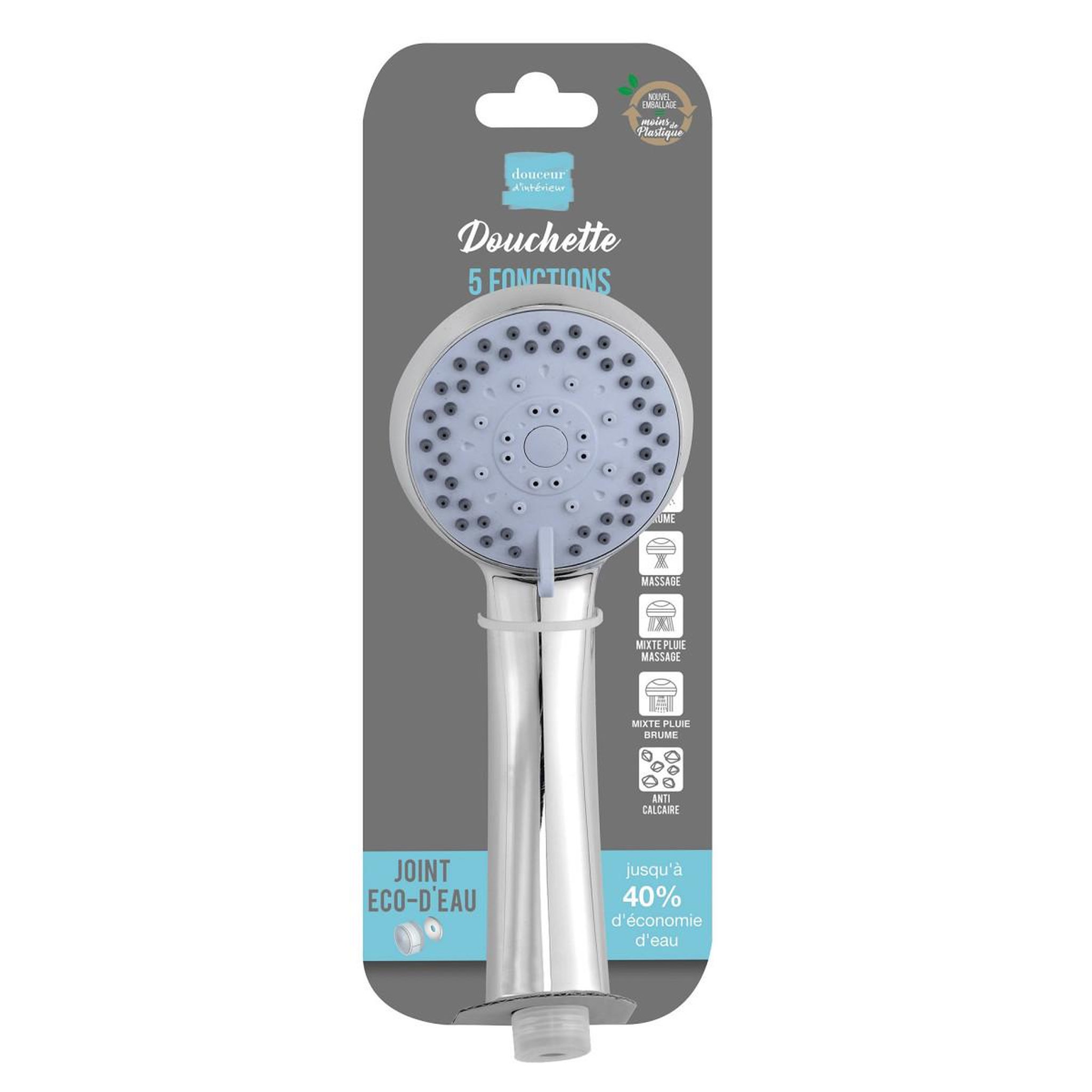 Voir la diapositive 2 : Douceur d'Intérieur Douchette 5 fonctions  eco-d'eau  21cm argent