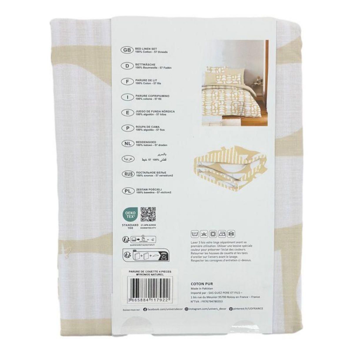COTON PUR Pack complet housse de couette réversible pour lit 90 x 190 cm Mykonos naturel