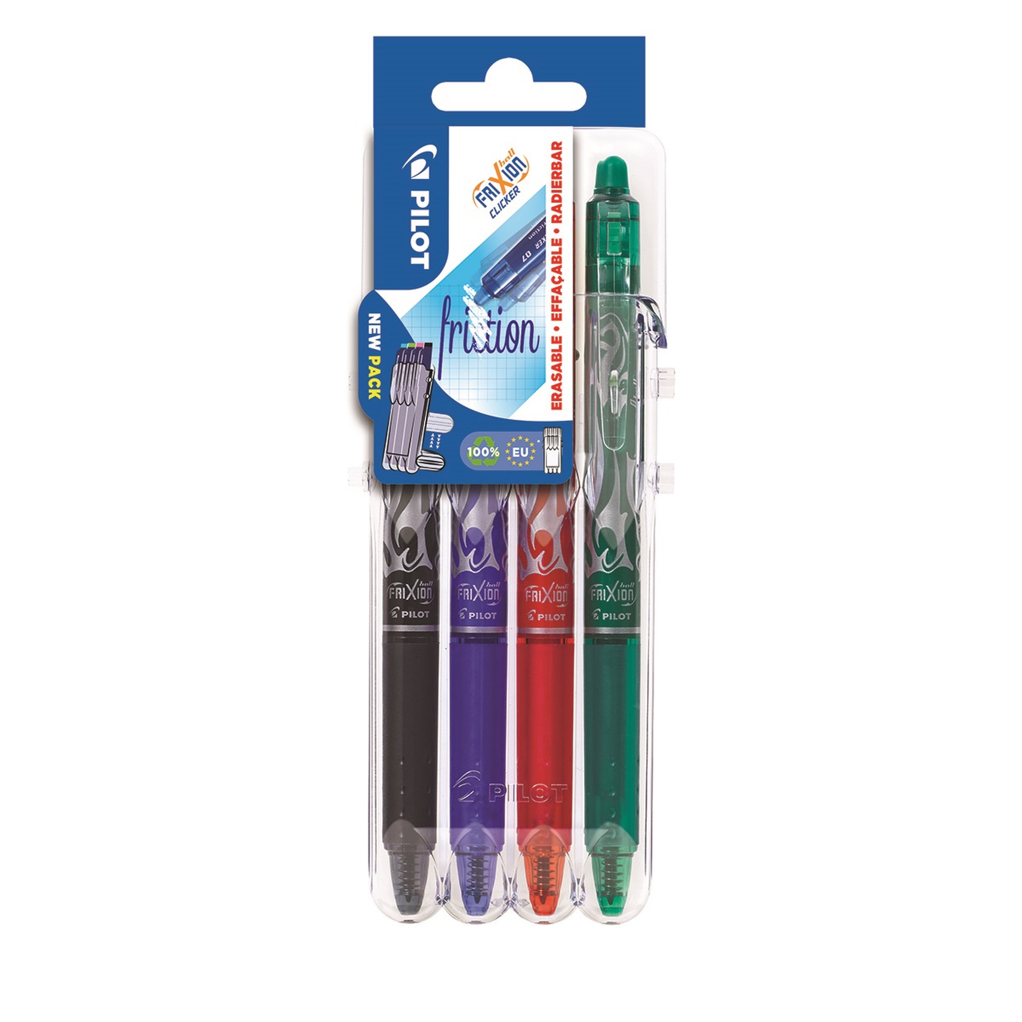 PILOT SET TO GO - Lot de 4 FriXion Clicker - Rollers effacables- Noir Bleu Rouge Vert - pointe moyenne