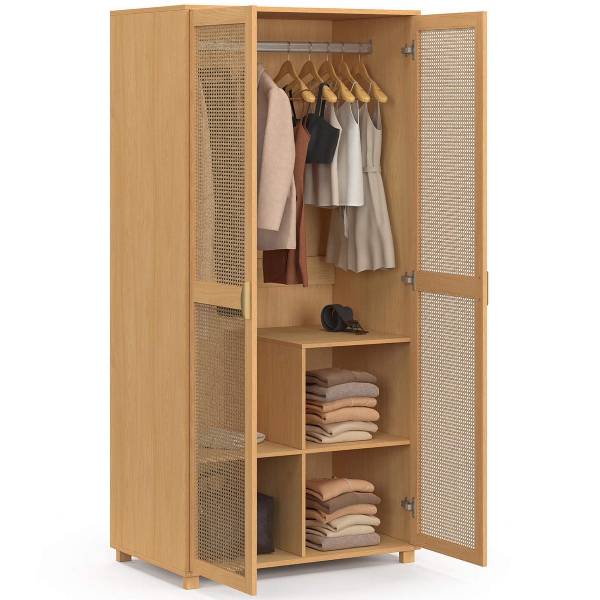 Voir la diapositive 3 : ID MARKET Armoire 2 portes edhen bois et cannage penderie 80 cm avec étagères rangement