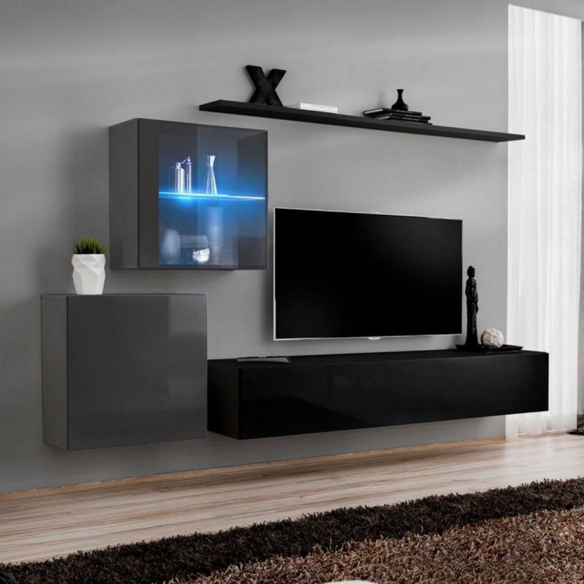 Paris Prix Meuble TV Mural Design  Switch XV  260cm Noir & Gris