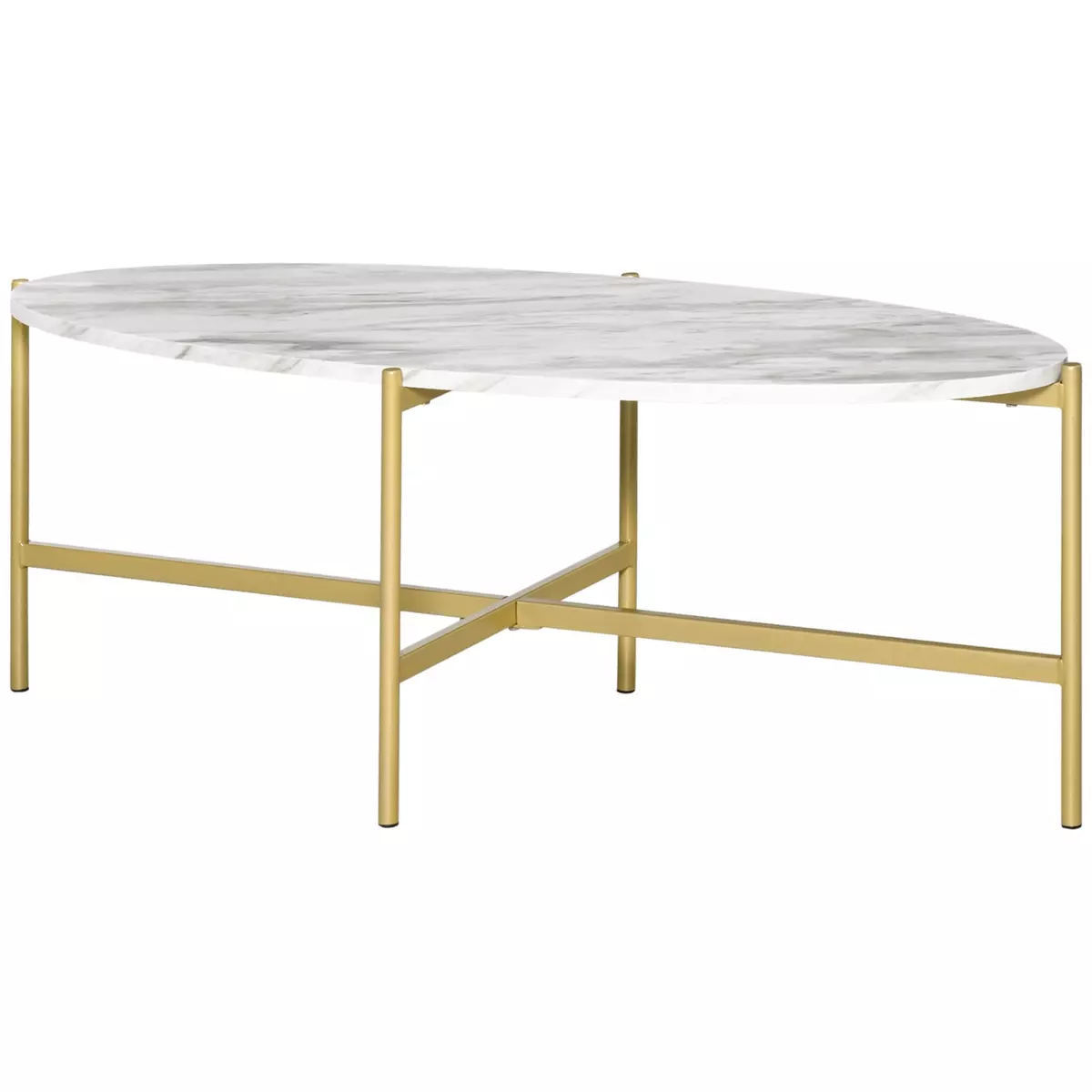 HOMCOM Table basse ovale design style art déco dim. 121L x 51l x 45H cm structure métal doré plateau aspect marbre blanc