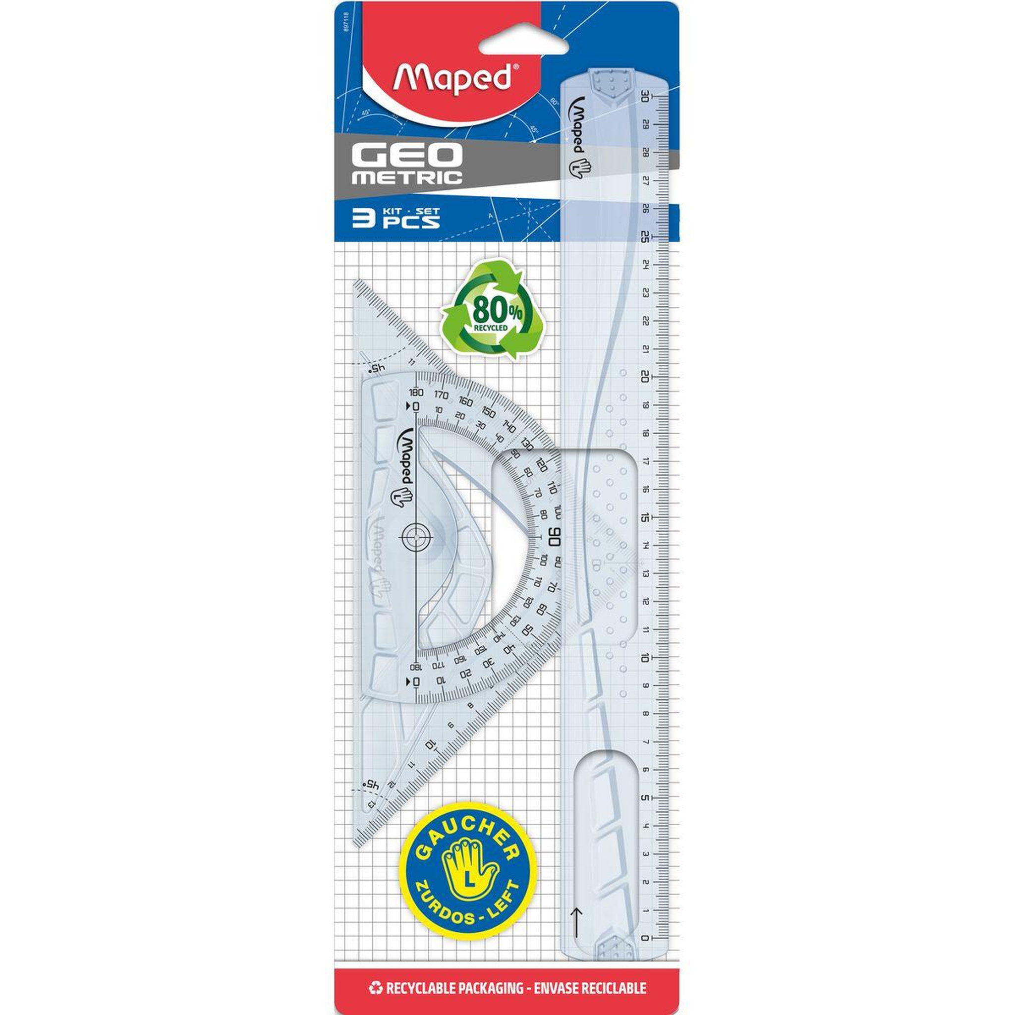 MAPED Kit de traçage 3 pièces règle + équerre + rapporteur spécial gaucher en plastique Géométric 3D