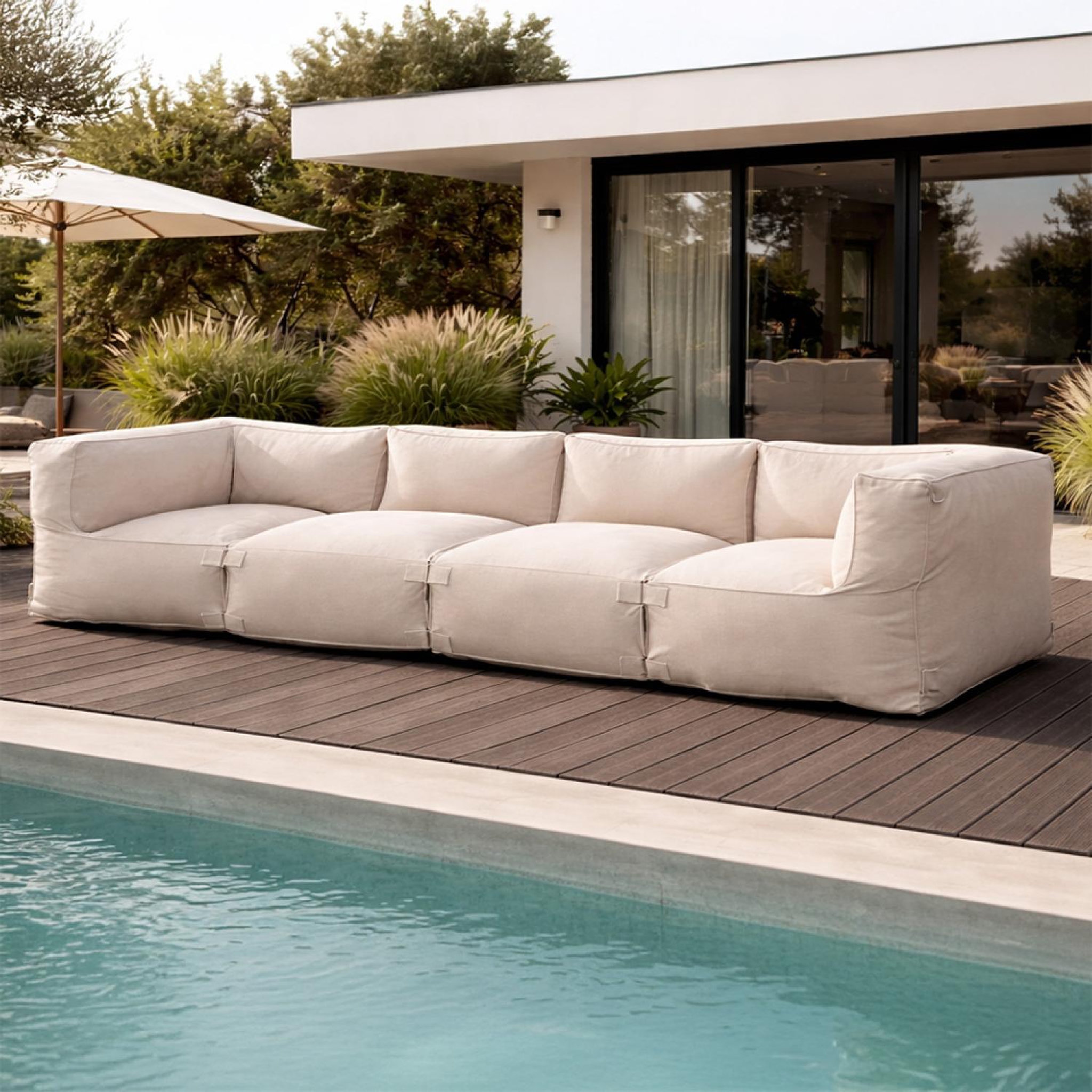 Voir la diapositive 4 : CONCEPT USINE Salon de jardin modulable 4 places beige en tissu déperlant praiano