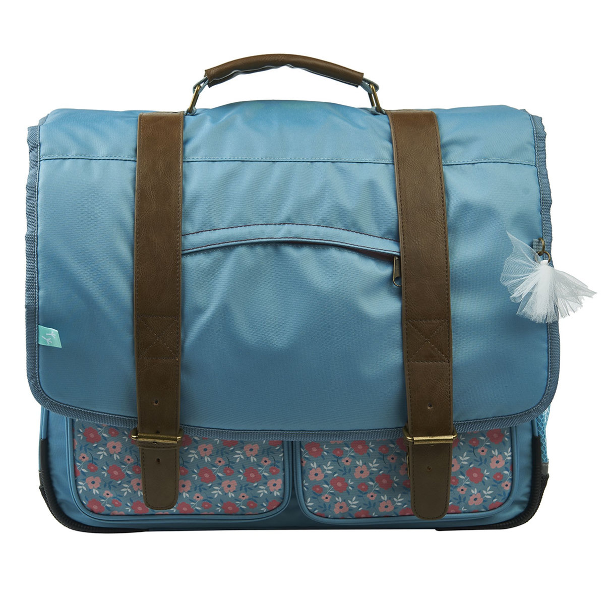 AUCHAN Cartable 38 cm CP/CE1/CE2 bleu motif fleurs avec leds