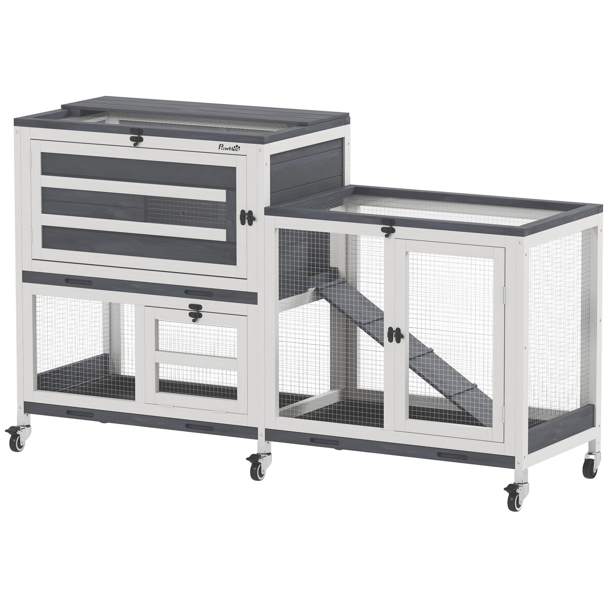 PAWHUT Clapier lapin sur roulettes - 3 portes, 2 toits ouvrants - 3 plateaux déjection - bois métal blanc gris