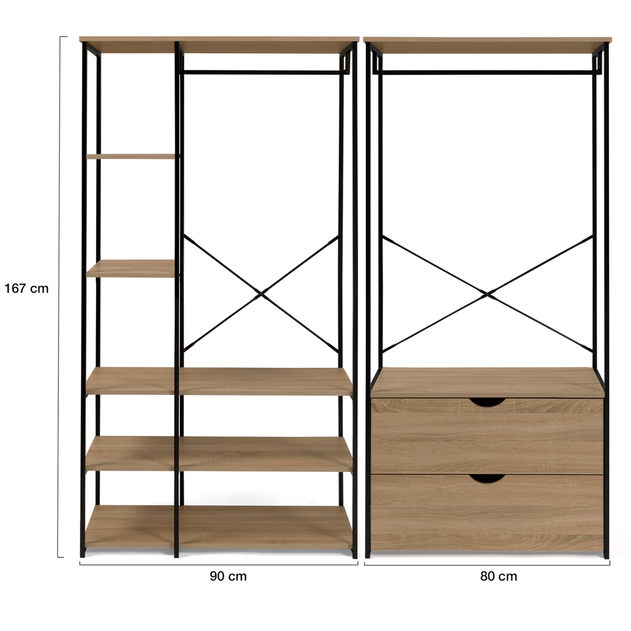 Voir la diapositive 4 : ID MARKET Dressing modulable double penderie étagères et 2 tiroirs DETROIT design industriel