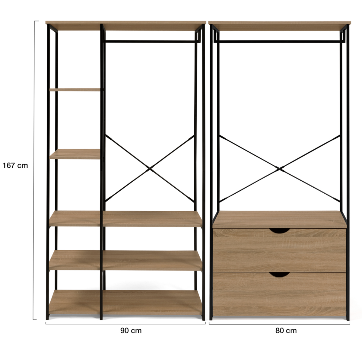 ID MARKET Dressing modulable double penderie étagères et 2 tiroirs DETROIT design industriel