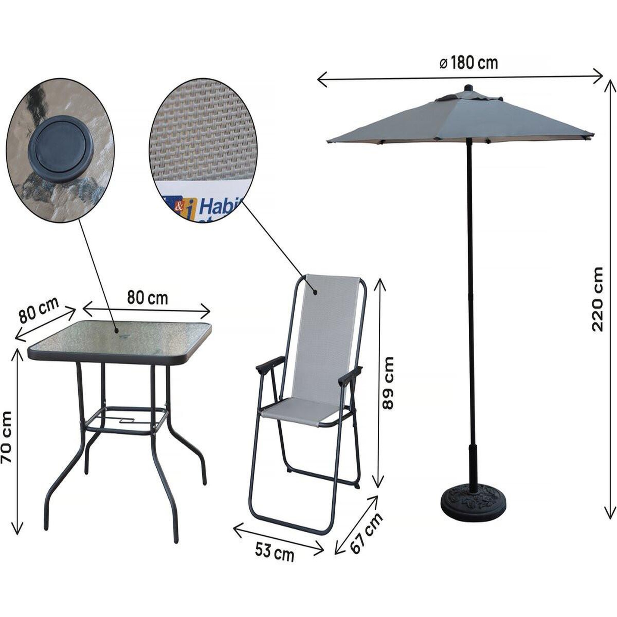 Voir la diapositive 3 : Habitat et Jardin Table et chaises de jardin avec parasol en métal  convivia  - 4 places - gris clair